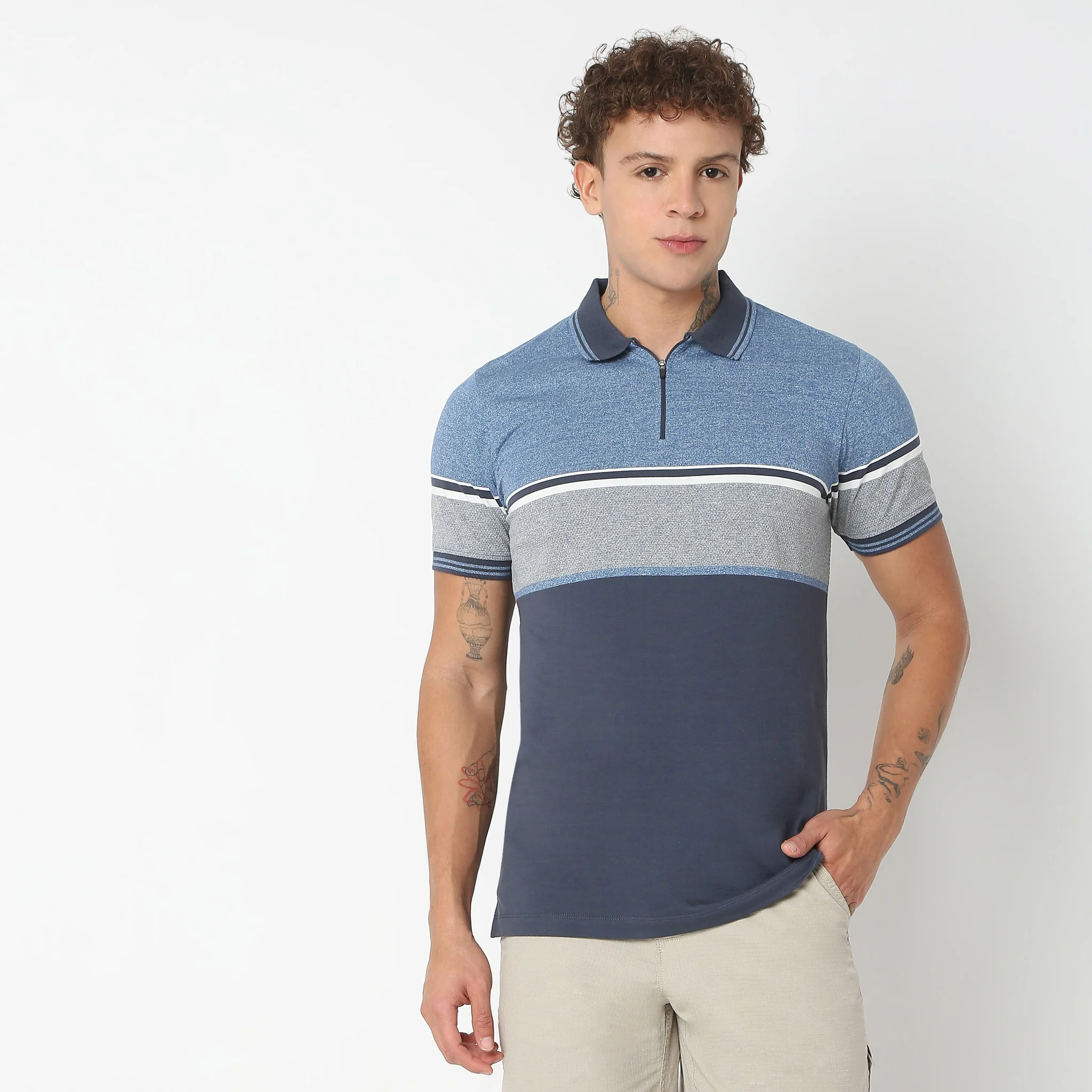 Weekend Polo™ - Exclusive Stripes Pattern Zip Neck Regular Fit Polo T-Shirt - Image 2
