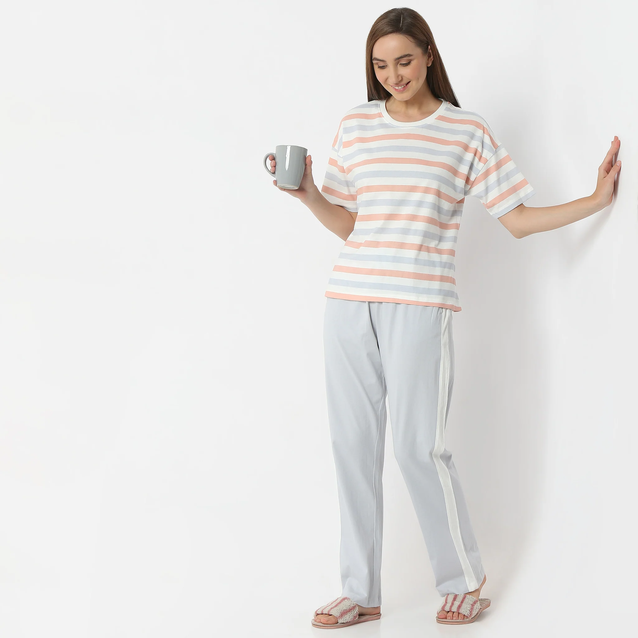 Striped Round Neck Short Sleeve T-Shirt With Pyjama Sleepwear Set