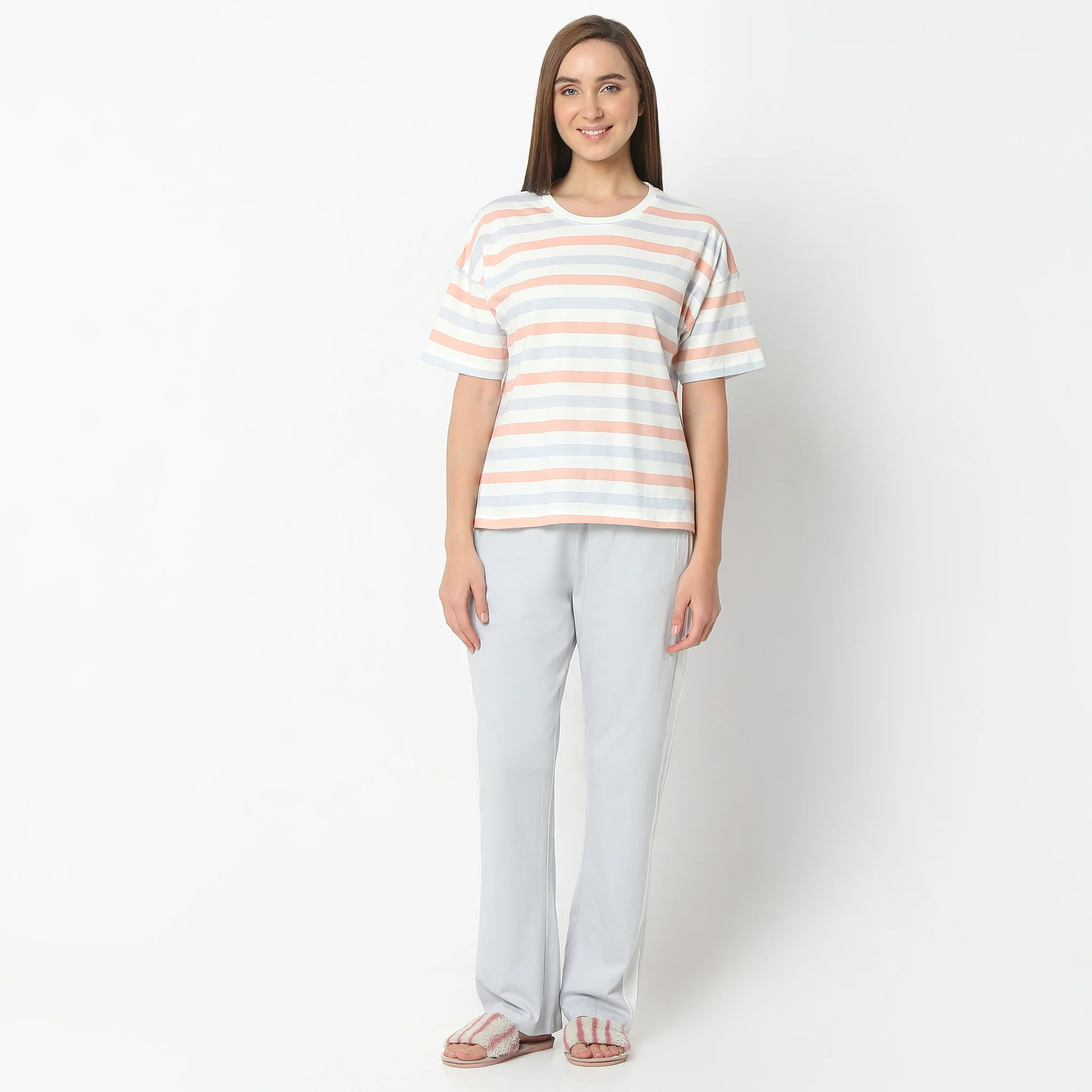 Striped Round Neck Short Sleeve T-Shirt With Pyjama Sleepwear Set - Image 2