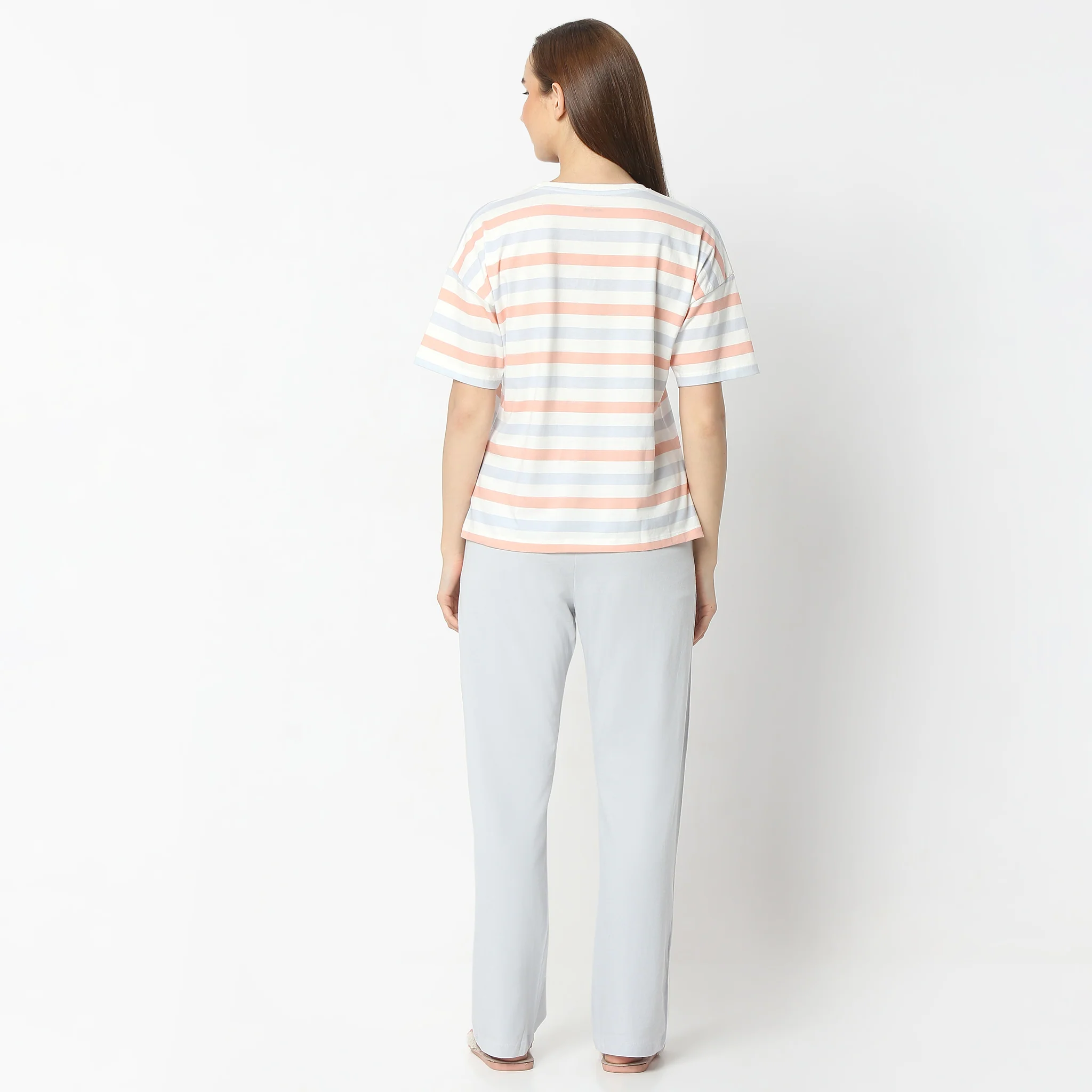Striped Round Neck Short Sleeve T-Shirt With Pyjama Sleepwear Set - Image 3