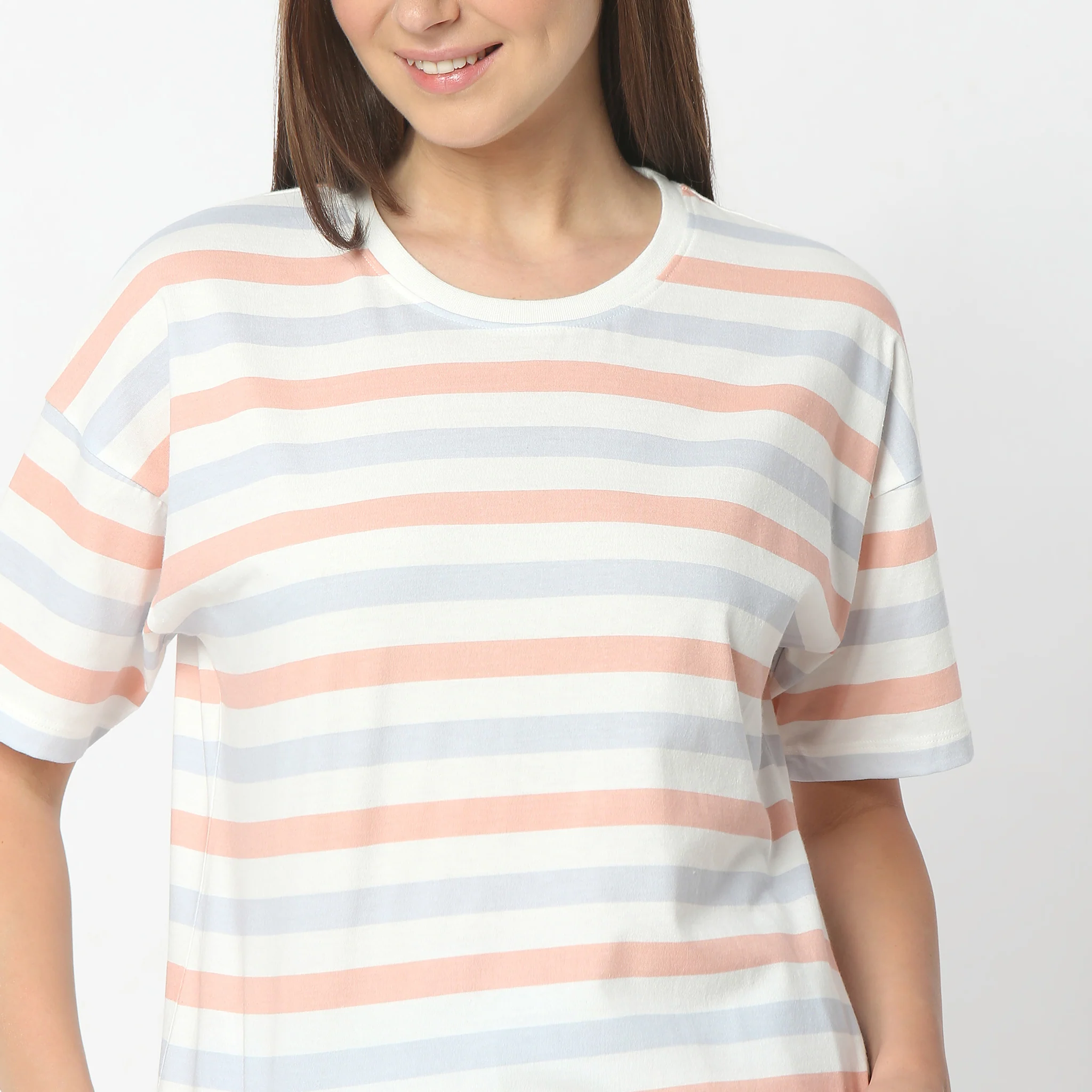 Striped Round Neck Short Sleeve T-Shirt With Pyjama Sleepwear Set - Image 4