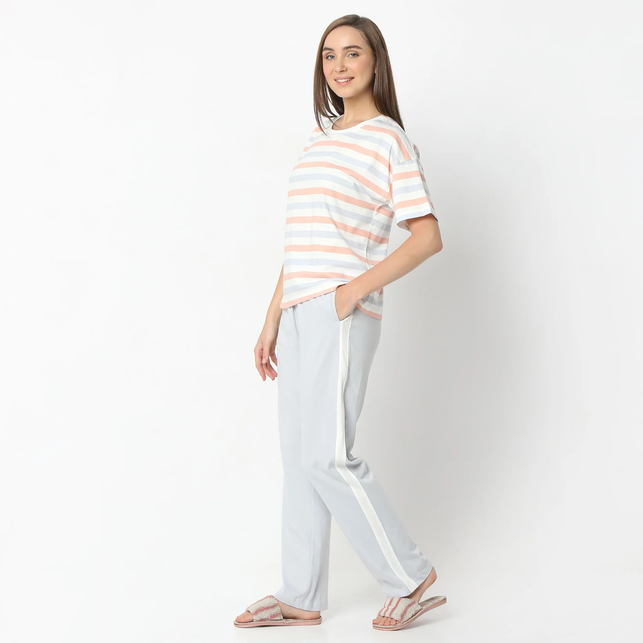 Striped Round Neck Short Sleeve T-Shirt With Pyjama Sleepwear Set - Image 5