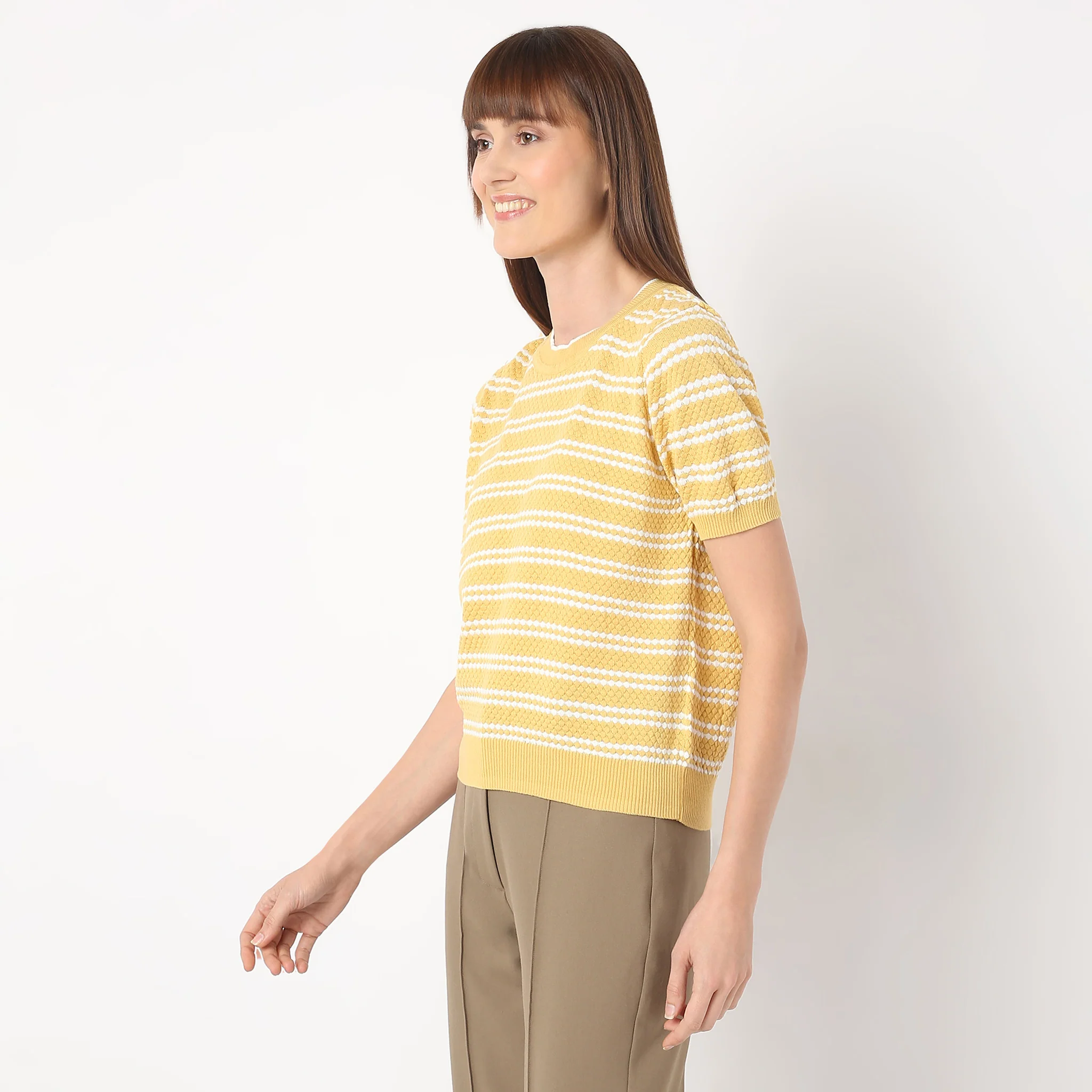 Crew Neck Short Sleeve Kniited Structured Stripped T-Shirt - Image 7