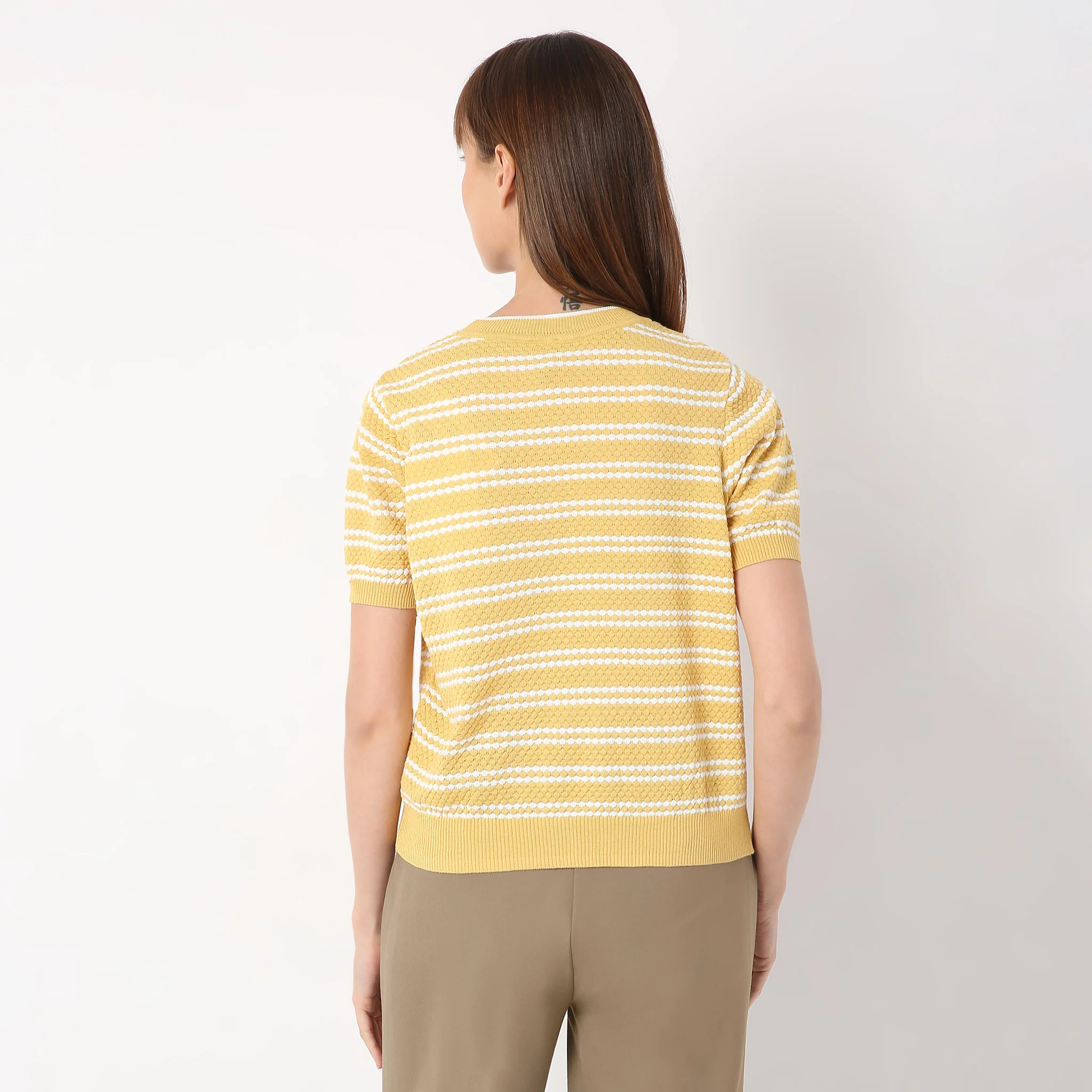 Crew Neck Short Sleeve Kniited Structured Stripped T-Shirt - Image 9