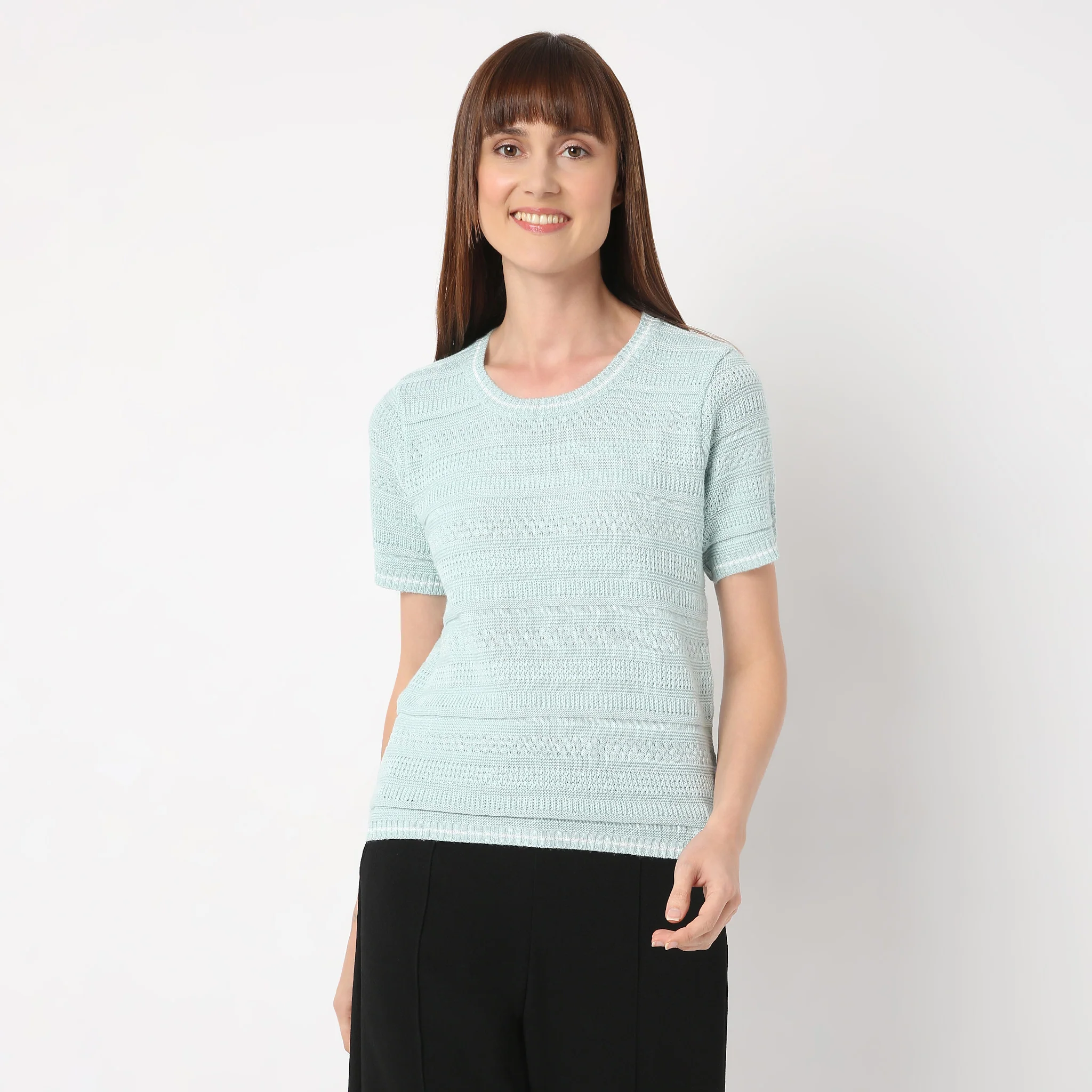 Crew Neck Short Sleeve Kniited Structured Stripped T-Shirt - Image 2