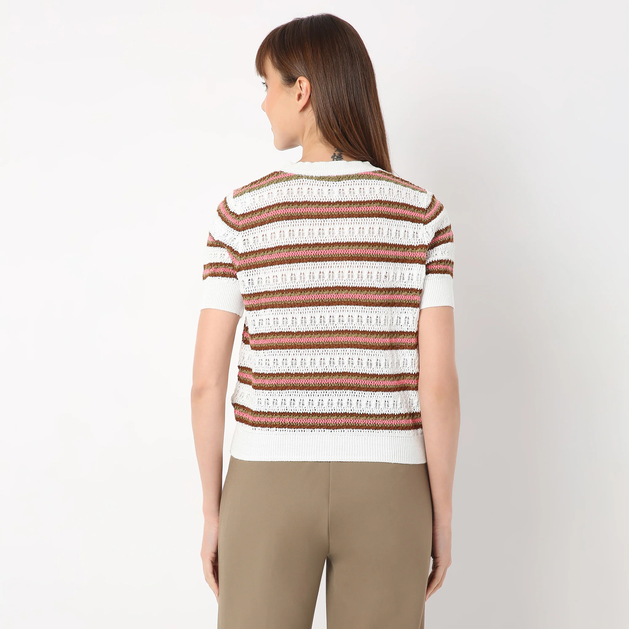Crew Neck Short Sleeve Kniited Structured Stripped T-Shirt - Image 4