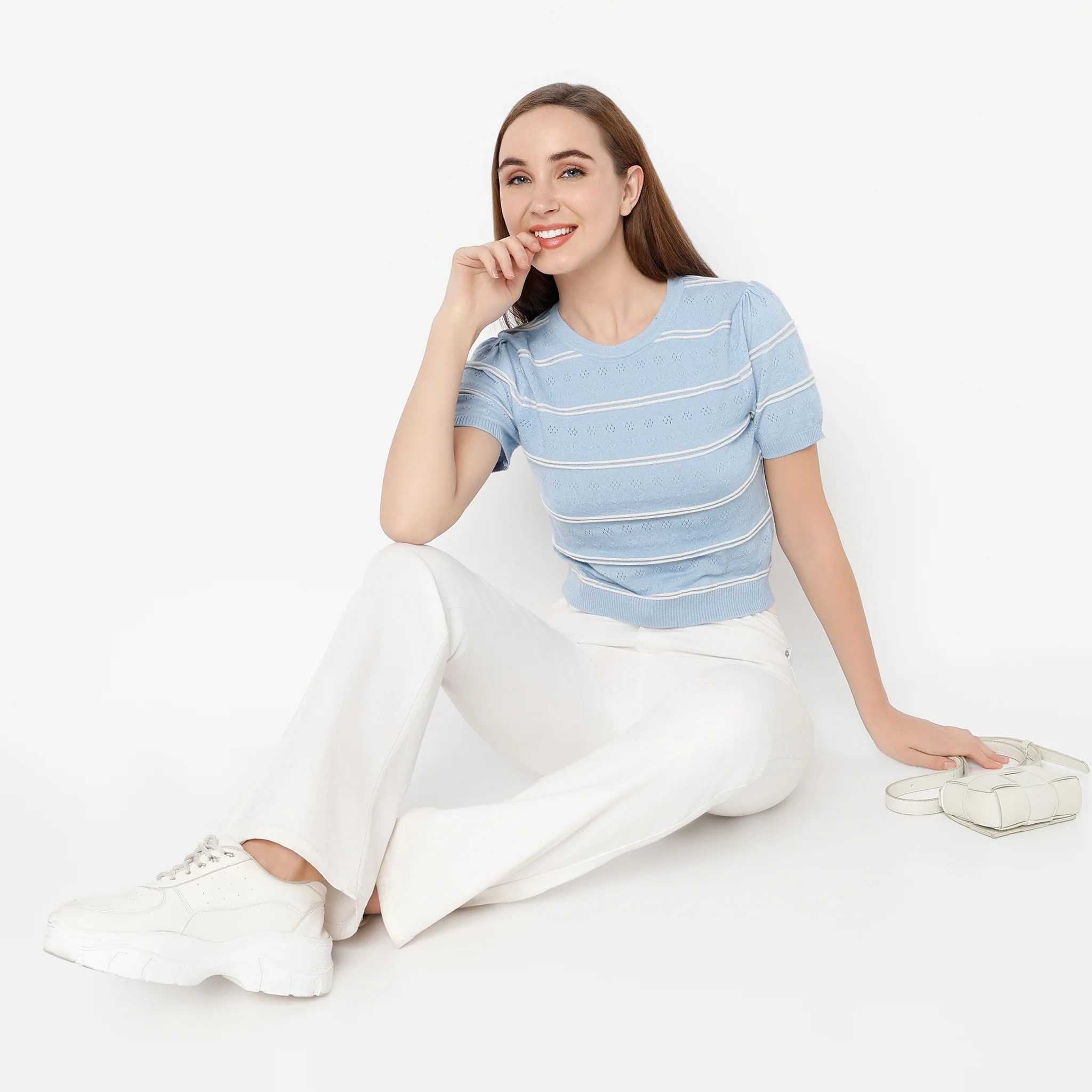 Round Neck Flared Sleeve Striped Betty Crop Top