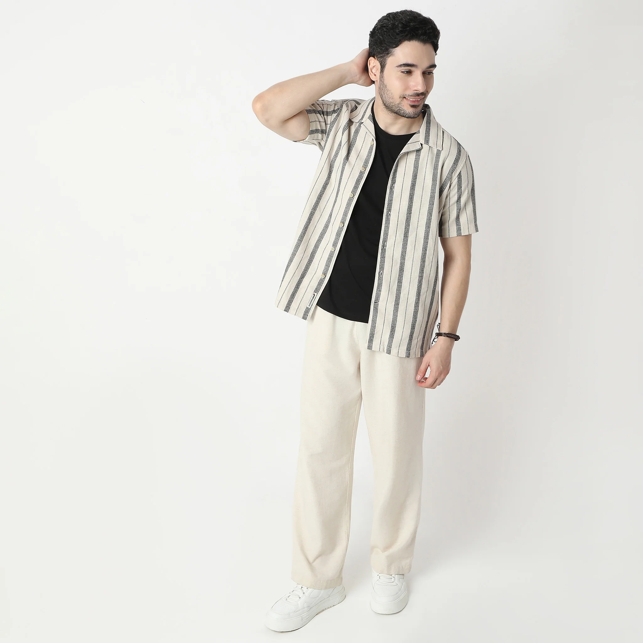 Striped Camp Collar Mood Half Sleeve Cuban Shirt