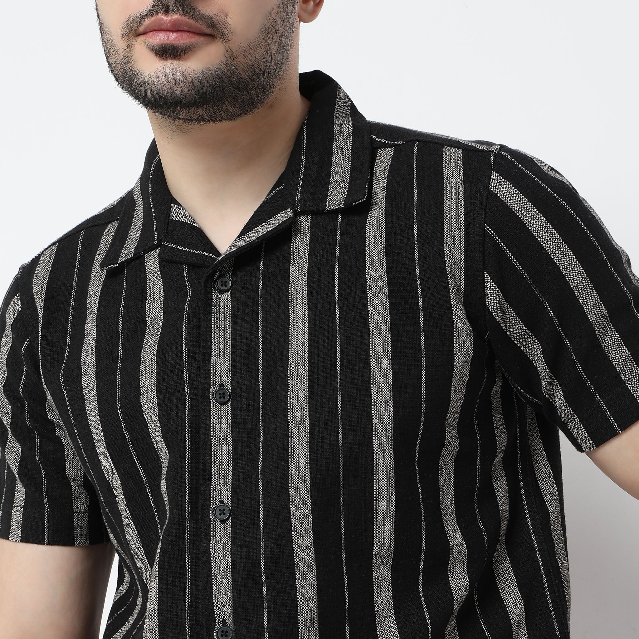Striped Camp Collar Mood Half Sleeve Cuban Shirt - Image 10