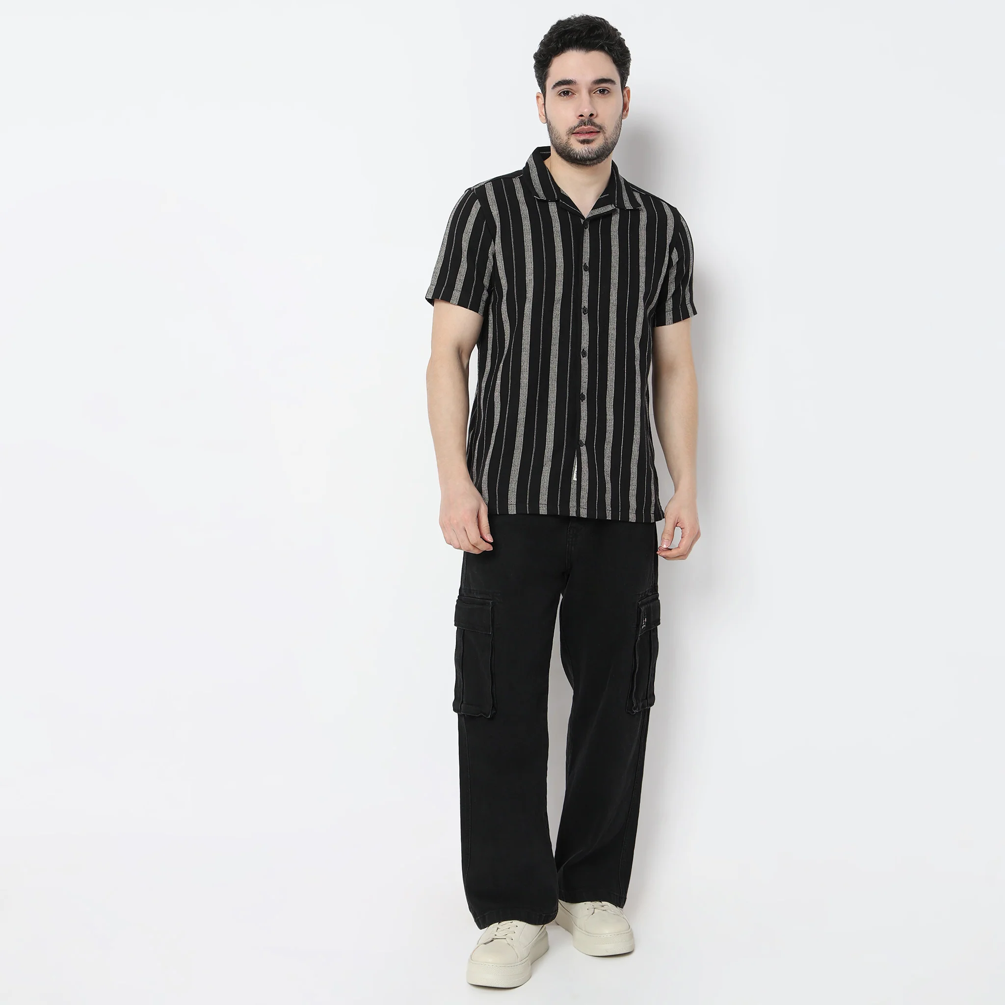 Striped Camp Collar Mood Half Sleeve Cuban Shirt - Image 6