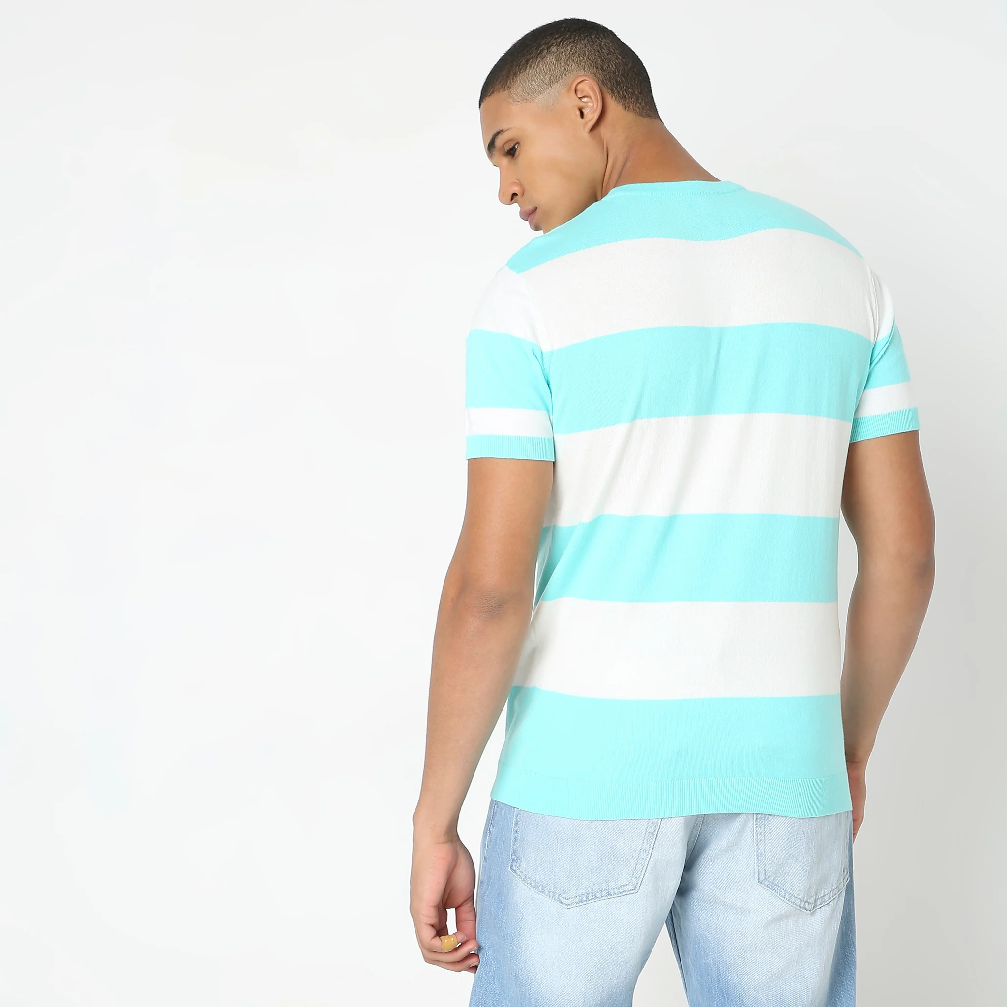 Hand Knit Jersey™ Modern Smart Auto Stripes Dobby Flat Knit Regular Fit  T-Shirt - Soft and Comfortable. - Image 3