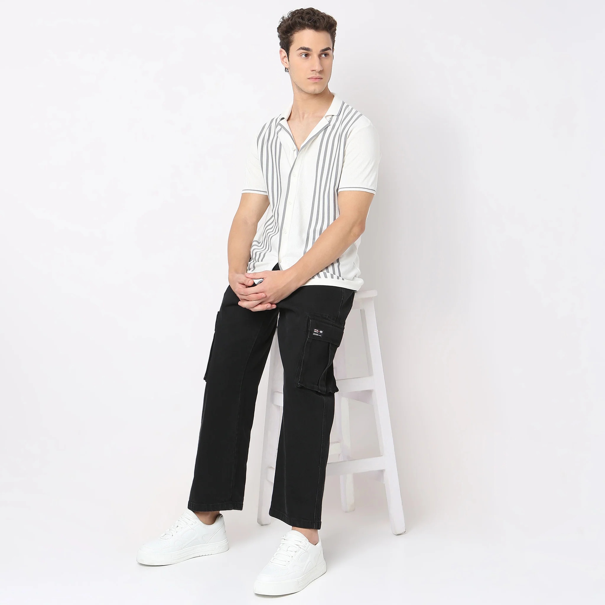 Hand Knit Jersey Striped Camp Collar Half Sleeve Cuban Shirt