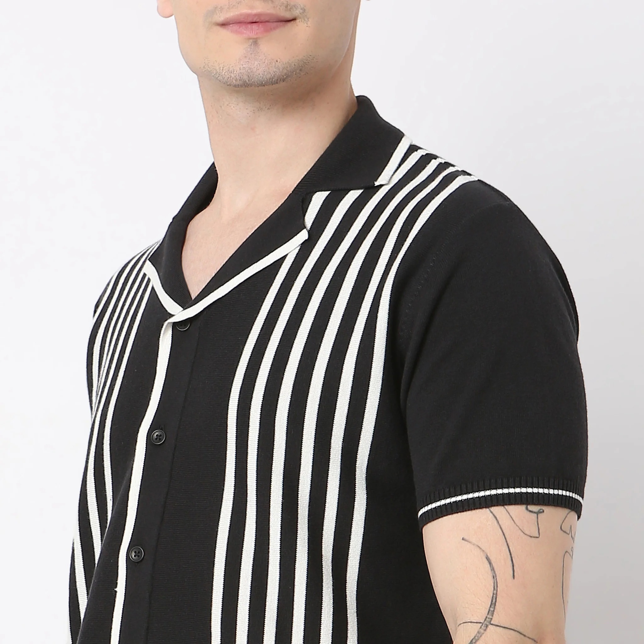 Hand Knit Jersey Striped Camp Collar Half Sleeve Cuban Shirt - Image 10