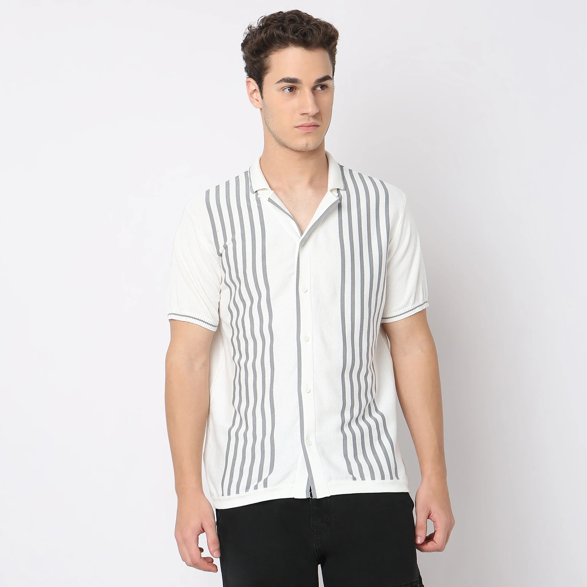 Hand Knit Jersey Striped Camp Collar Half Sleeve Cuban Shirt - Image 2