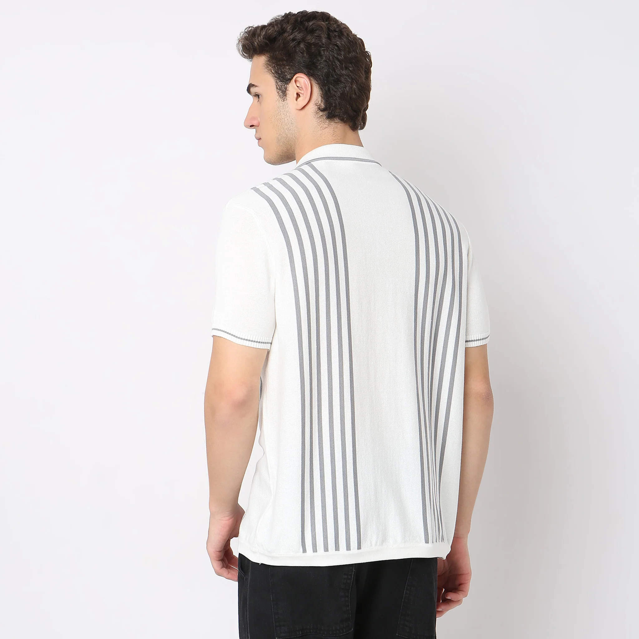 Hand Knit Jersey Striped Camp Collar Half Sleeve Cuban Shirt - Image 3