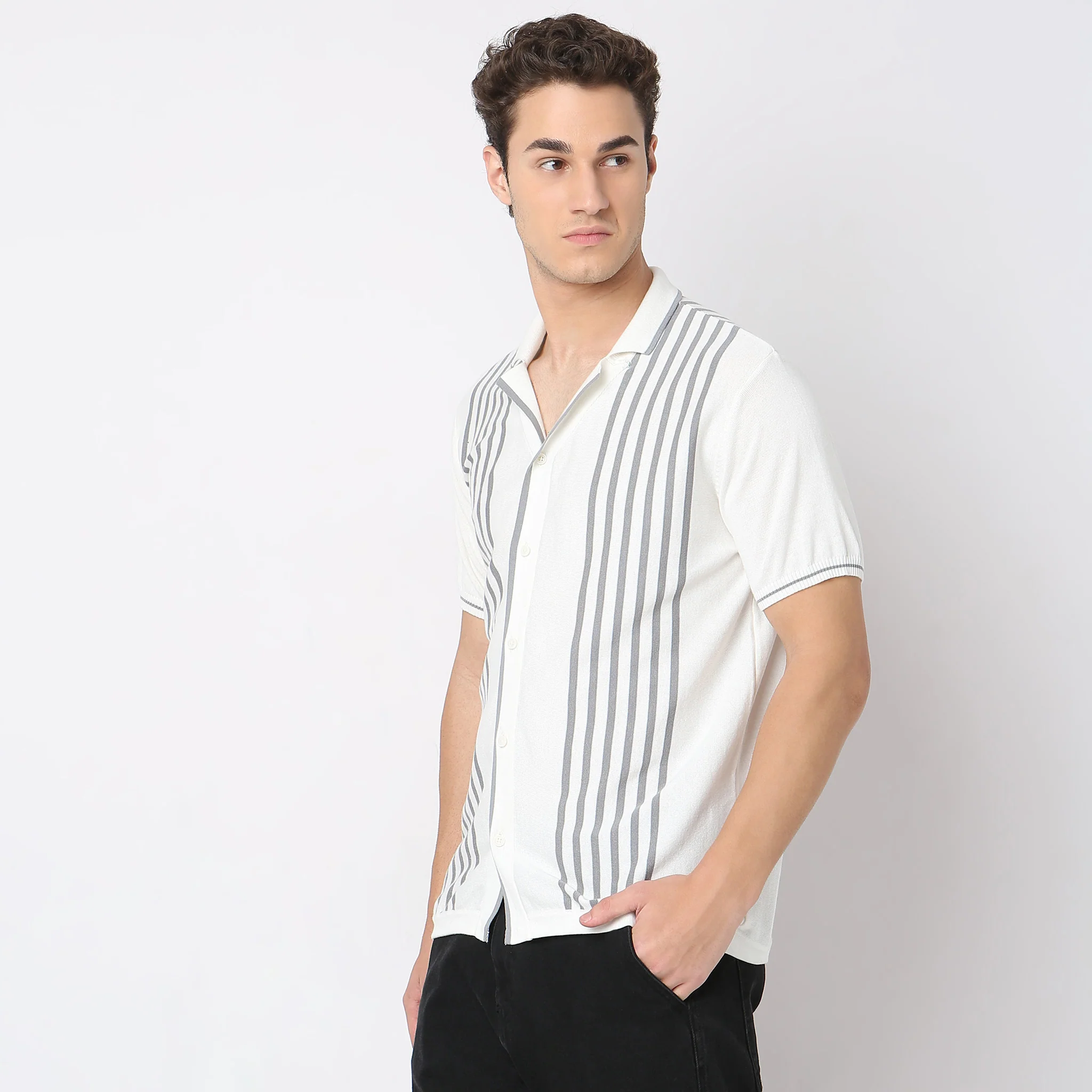 Hand Knit Jersey Striped Camp Collar Half Sleeve Cuban Shirt - Image 4