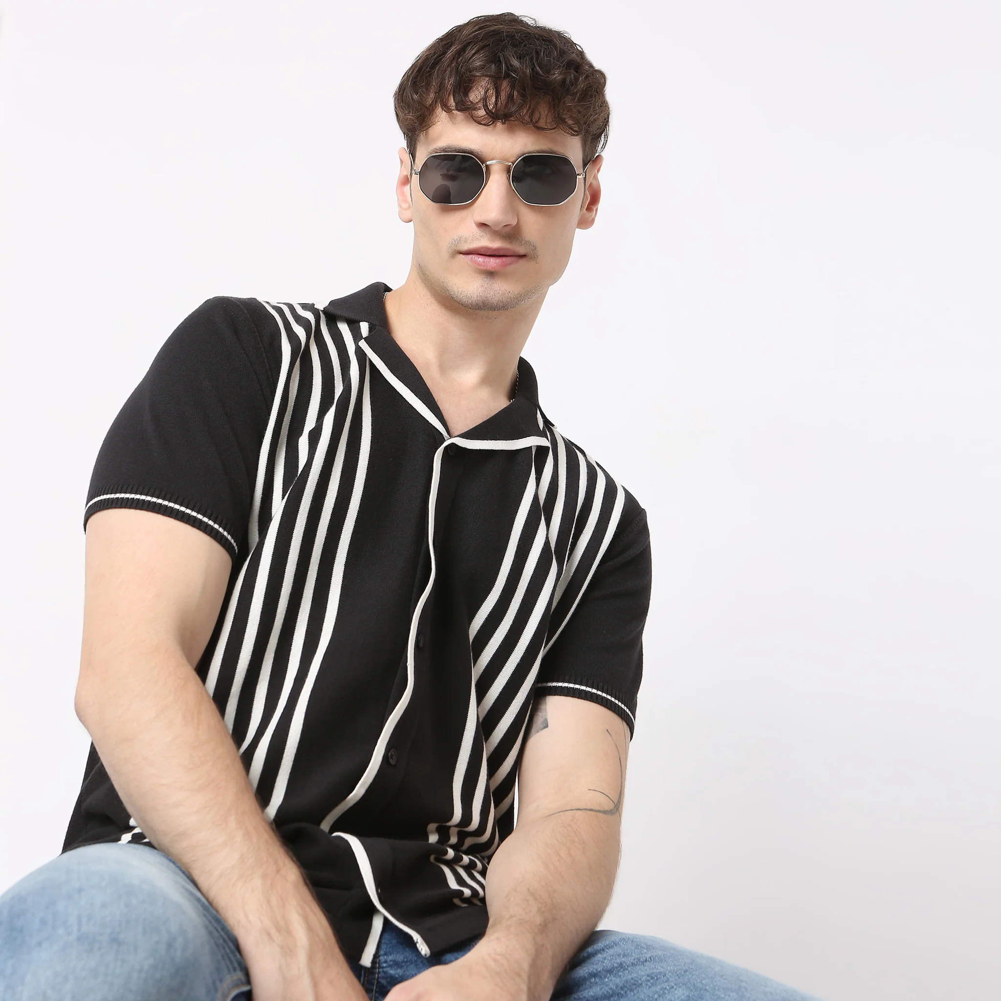 Hand Knit Jersey Striped Camp Collar Half Sleeve Cuban Shirt - Image 6