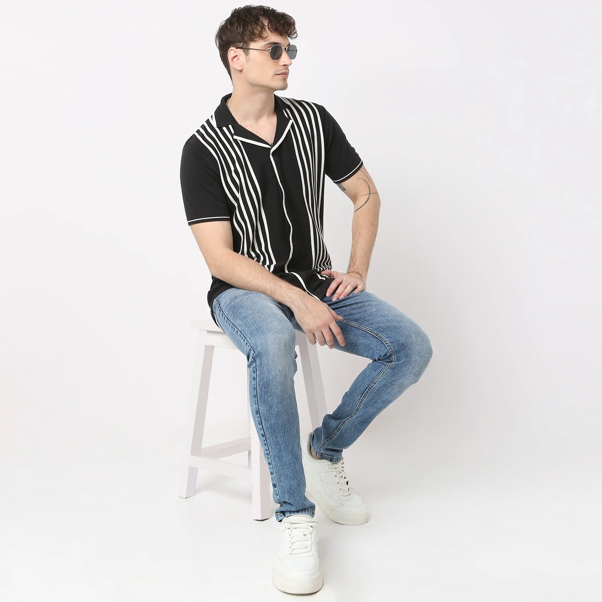 Hand Knit Jersey Striped Camp Collar Half Sleeve Cuban Shirt - Image 7