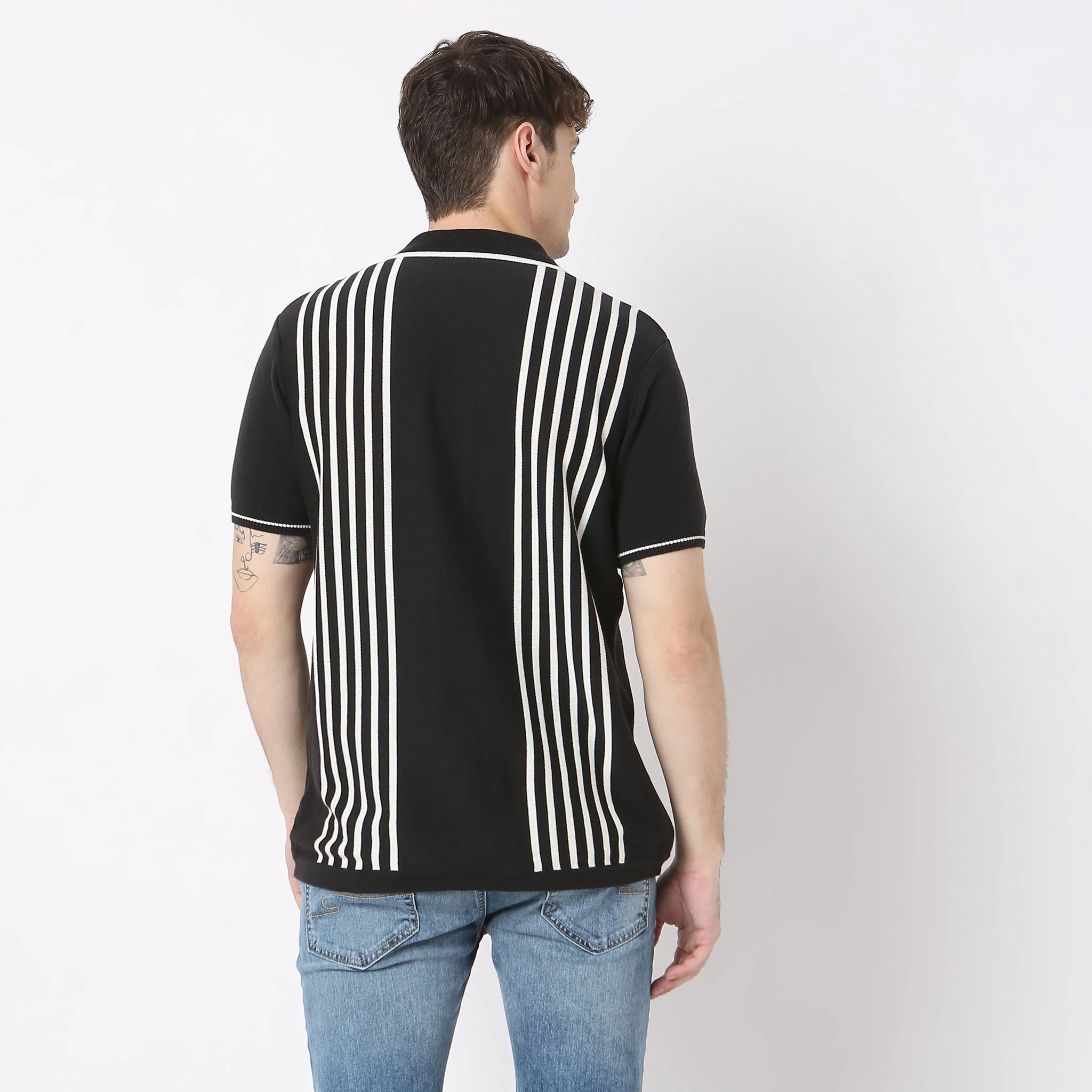 Hand Knit Jersey Striped Camp Collar Half Sleeve Cuban Shirt - Image 8