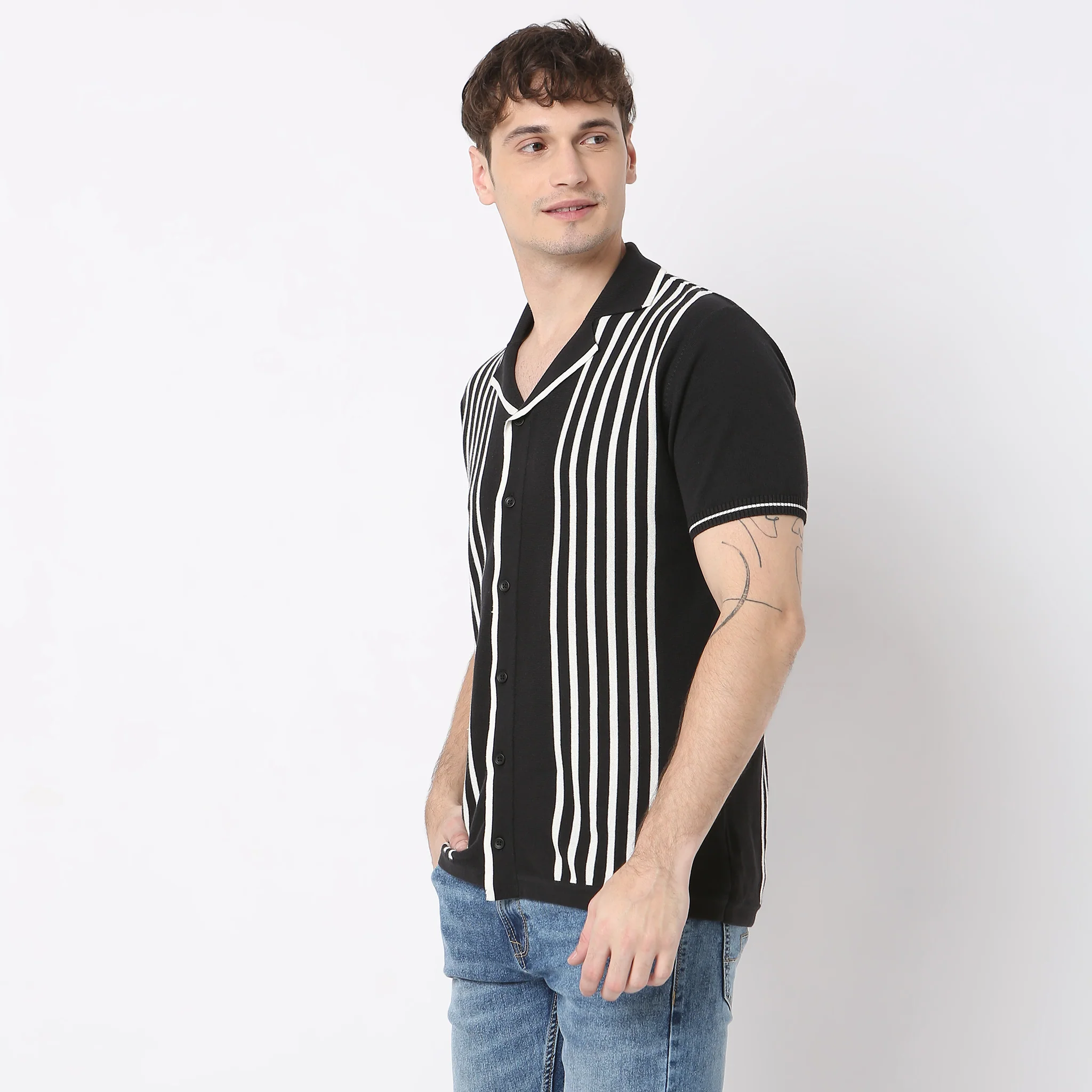 Hand Knit Jersey Striped Camp Collar Half Sleeve Cuban Shirt - Image 9