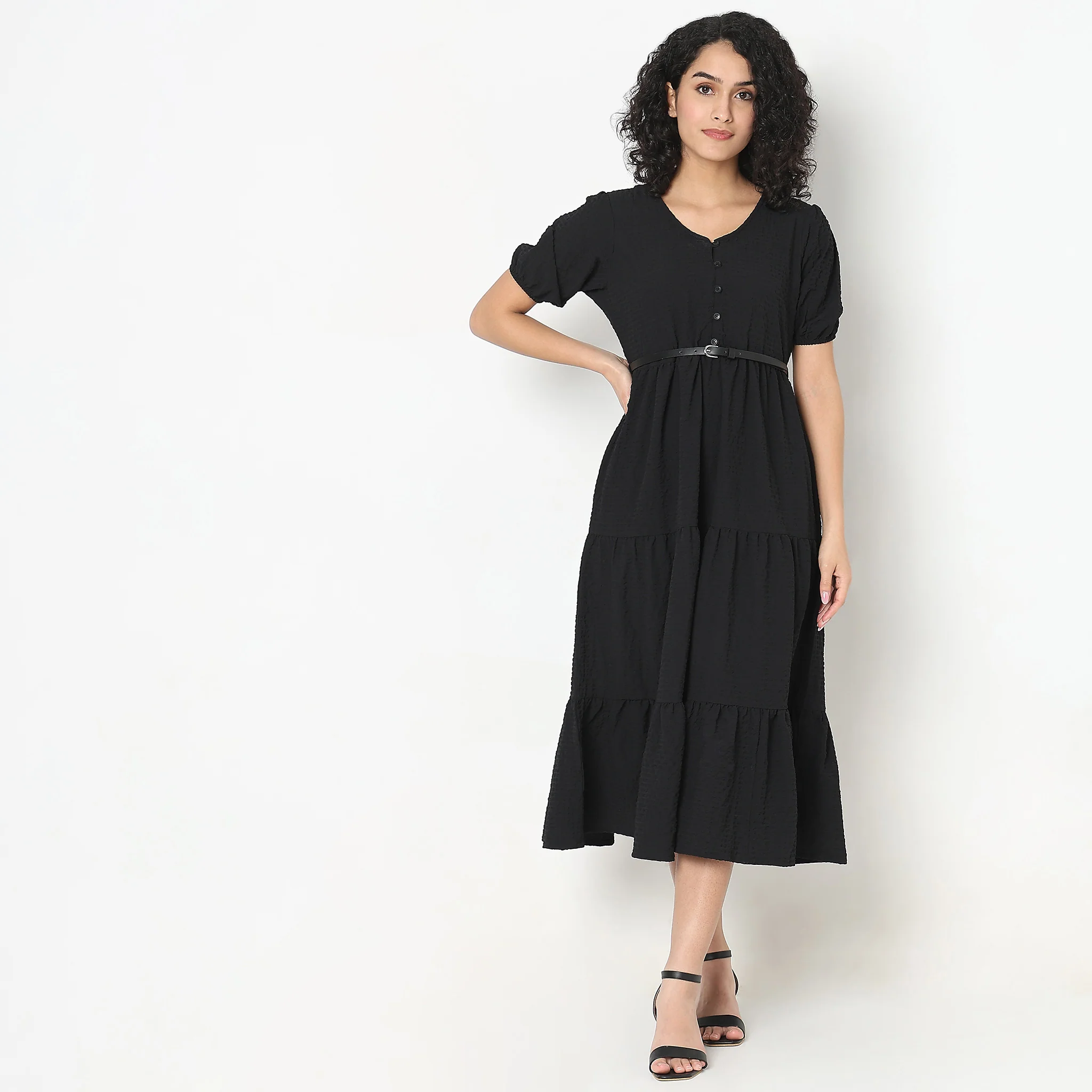 Flare Fit Structured Round Neck Dress - Image 2