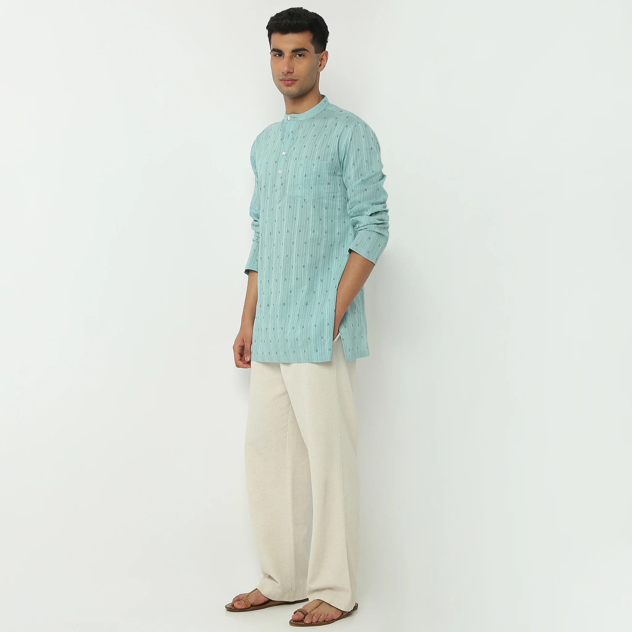 Mandarin Collar Full Sleeve Thigh Length Structured Printed Mid Kurta