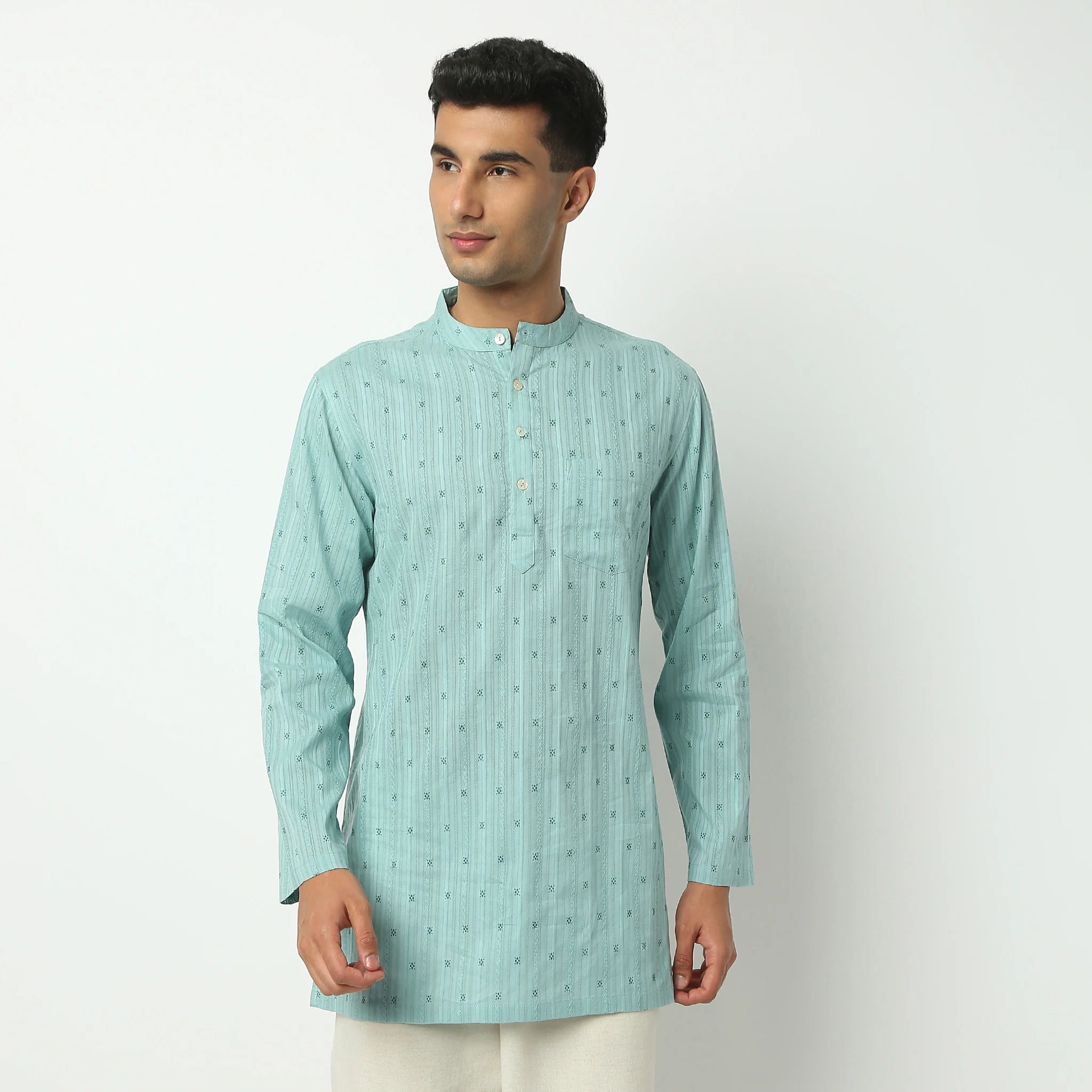 Mandarin Collar Full Sleeve Thigh Length Structured Printed Mid Kurta - Image 2