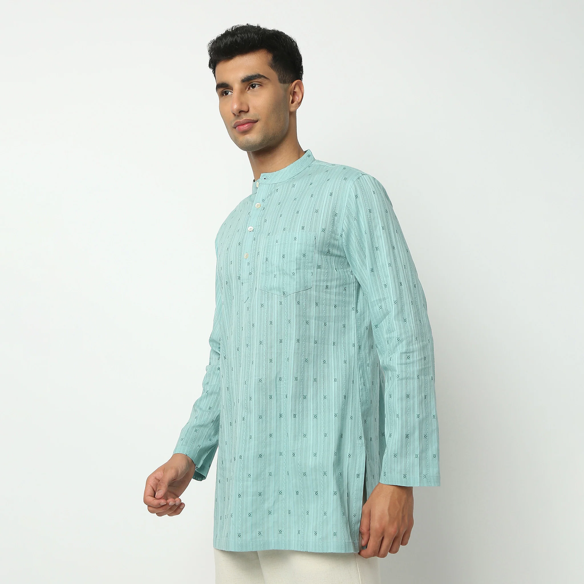 Mandarin Collar Full Sleeve Thigh Length Structured Printed Mid Kurta - Image 5