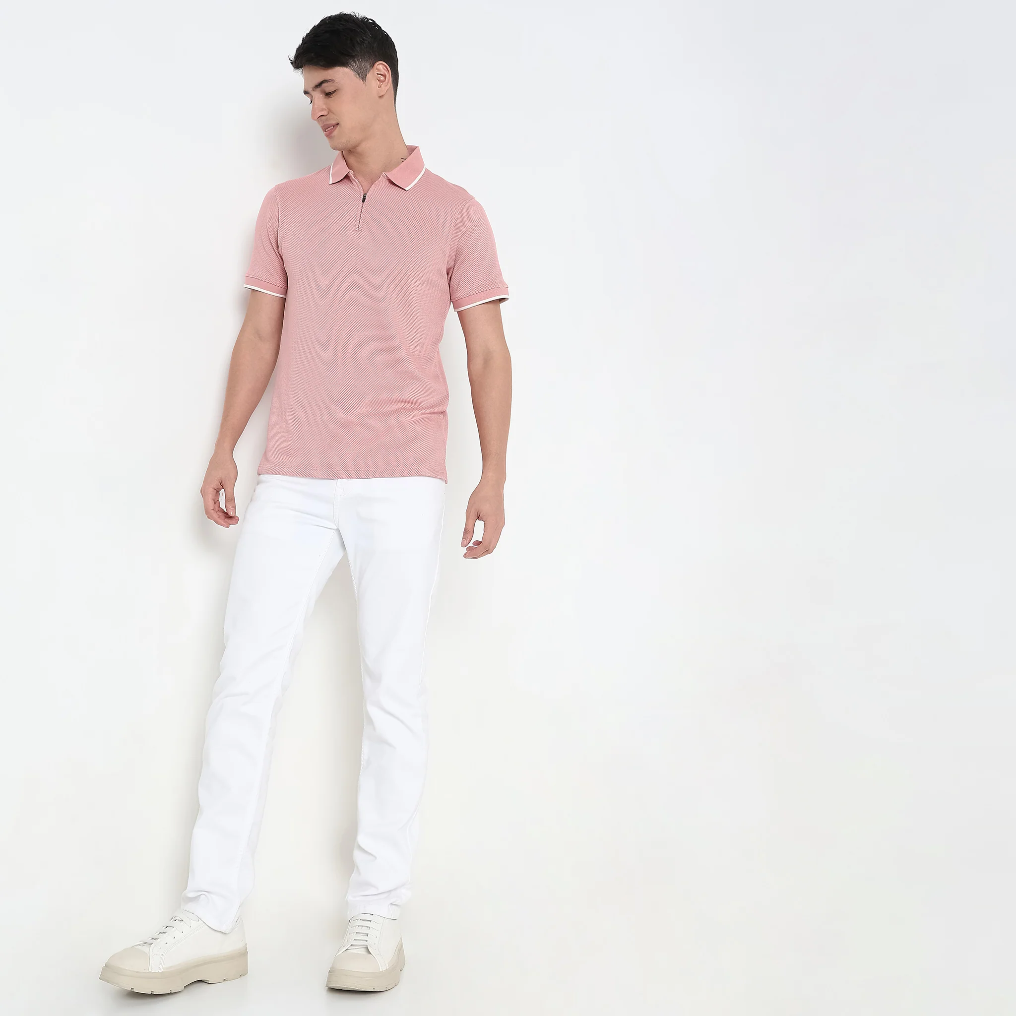 Smart Polo® - Micro Diamond Pop Structure - Zip Neck - Regular Fit Polo T-Shirt