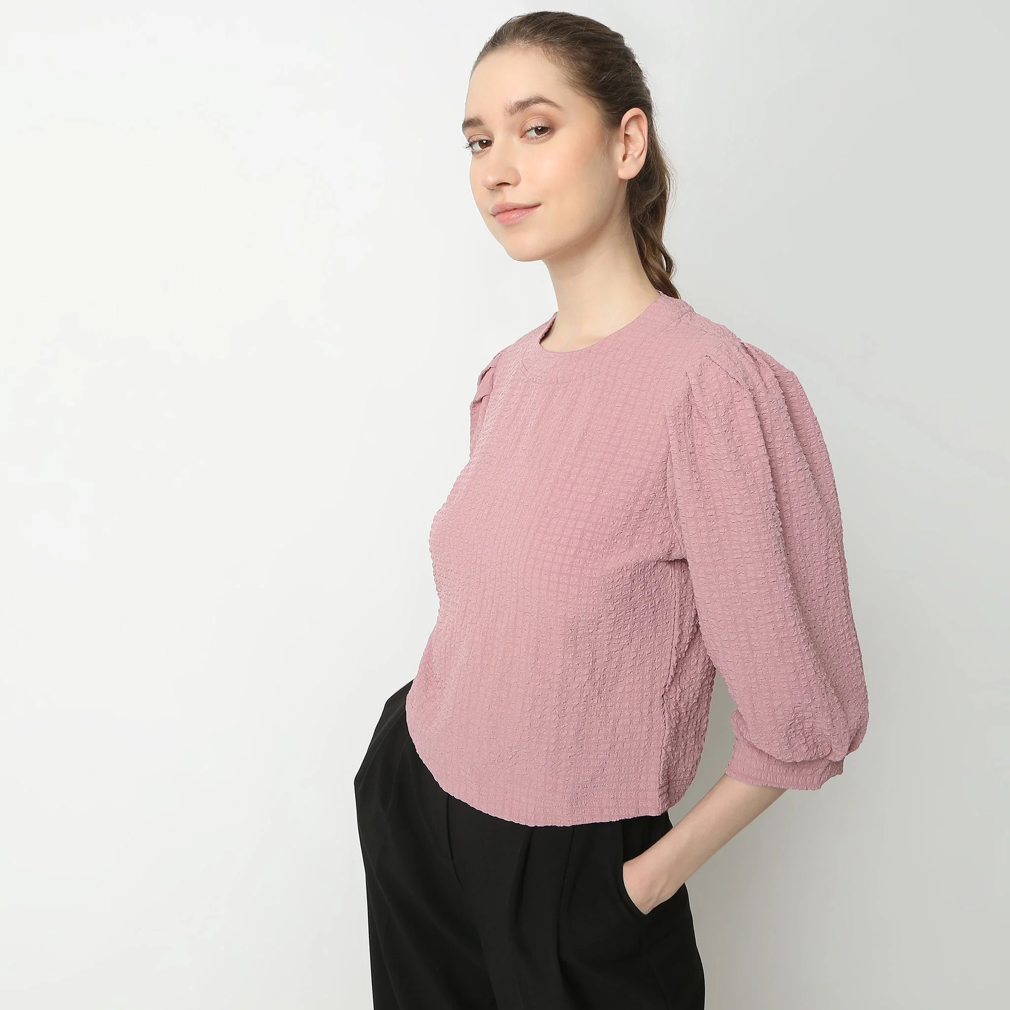 Structured Flared Elbow Sleeve Top - Image 4