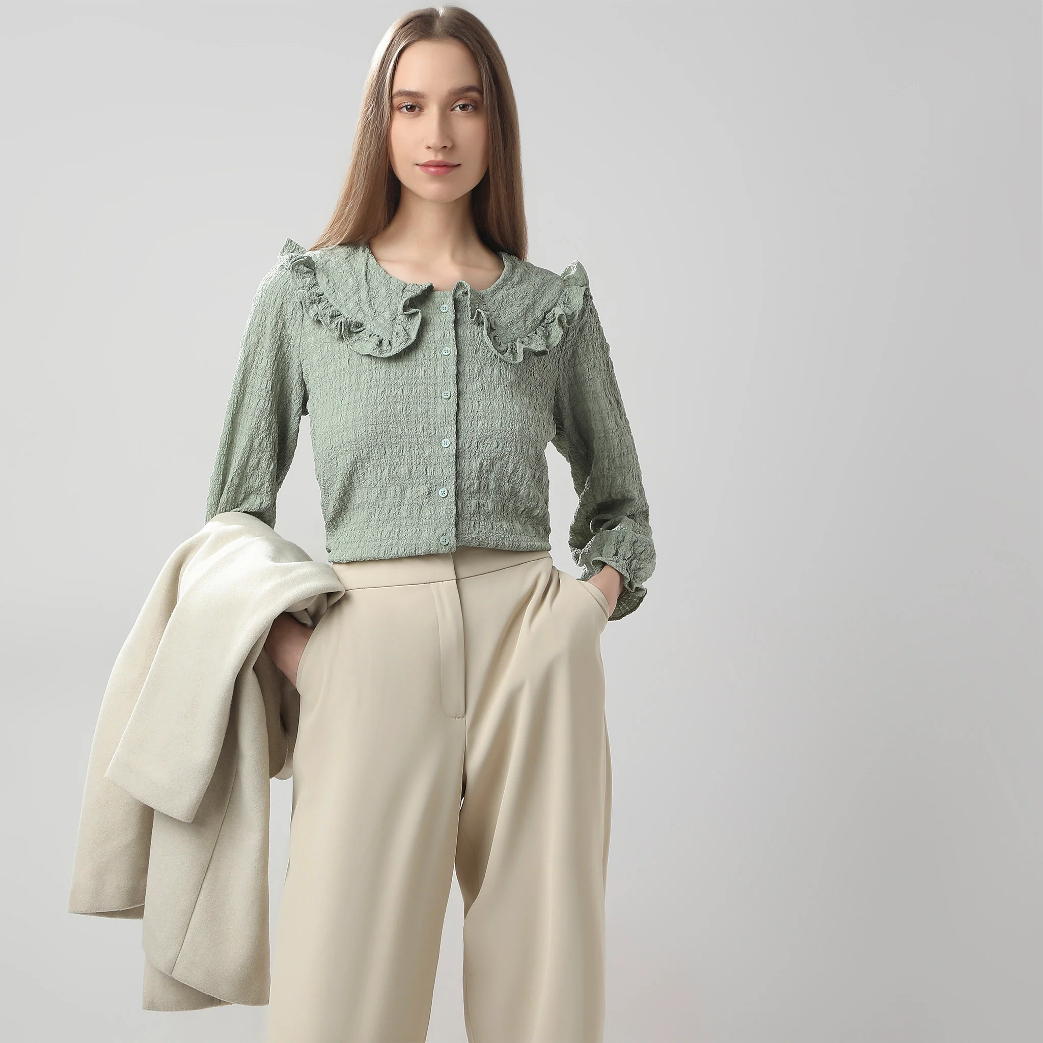 Full Front Button Placket Peter Pan Collar With Ruffle Trim Shirt