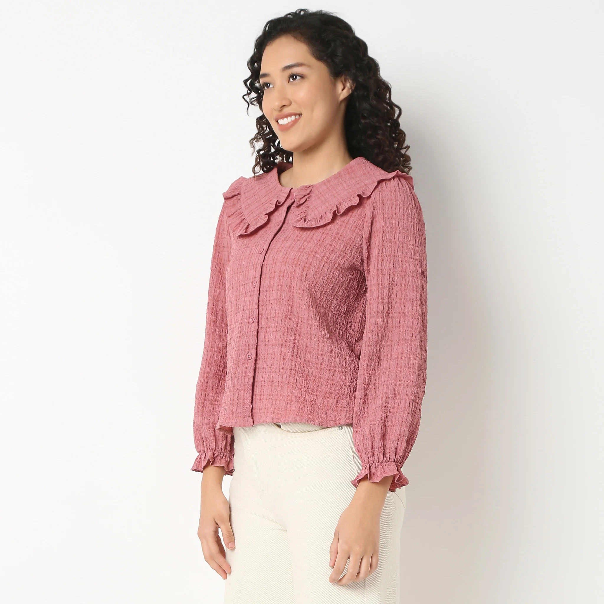 Full Front Button Placket Peter Pan Collar With Ruffle Trim Shirt - Image 10