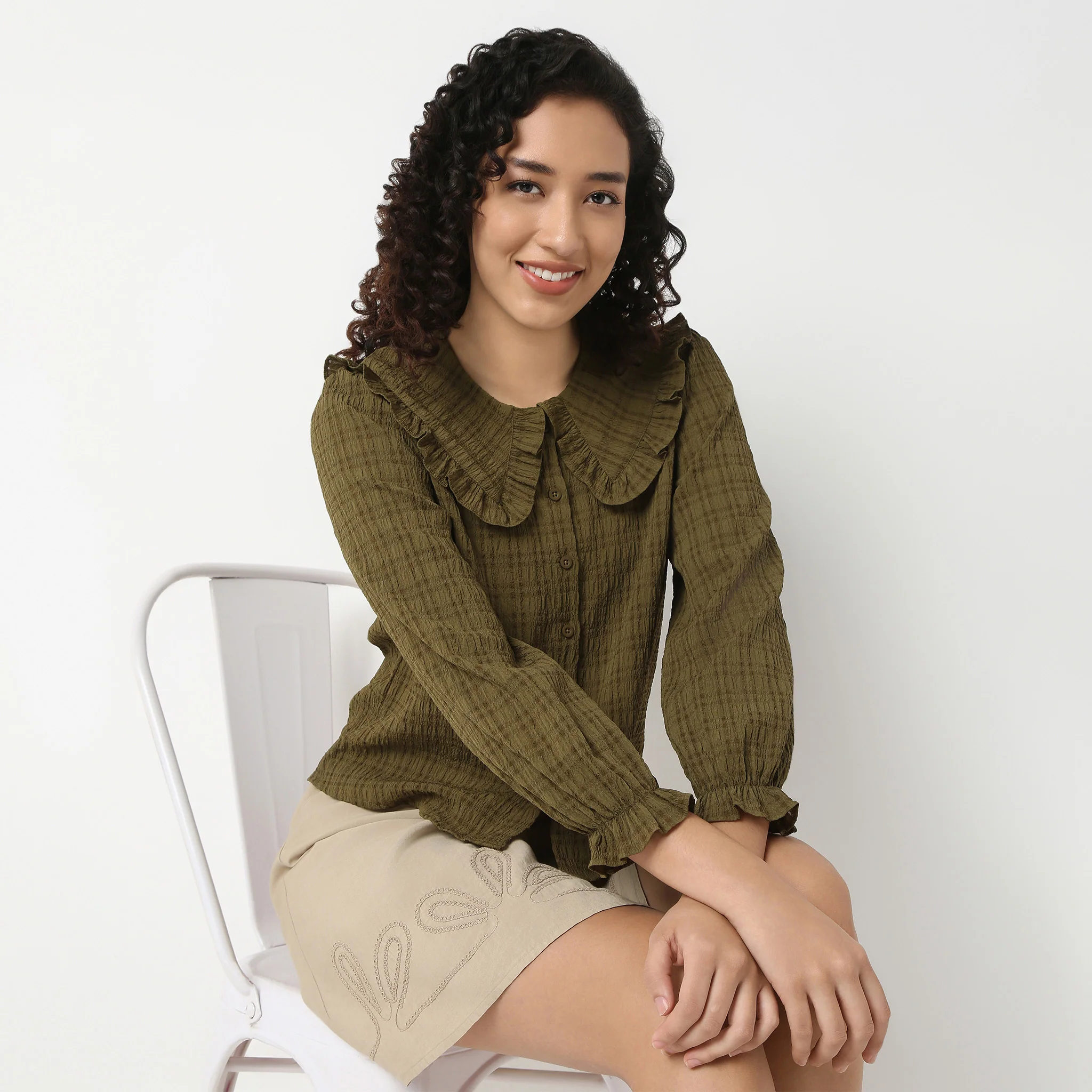 Full Front Button Placket Peter Pan Collar With Ruffle Trim Shirt - Image 11