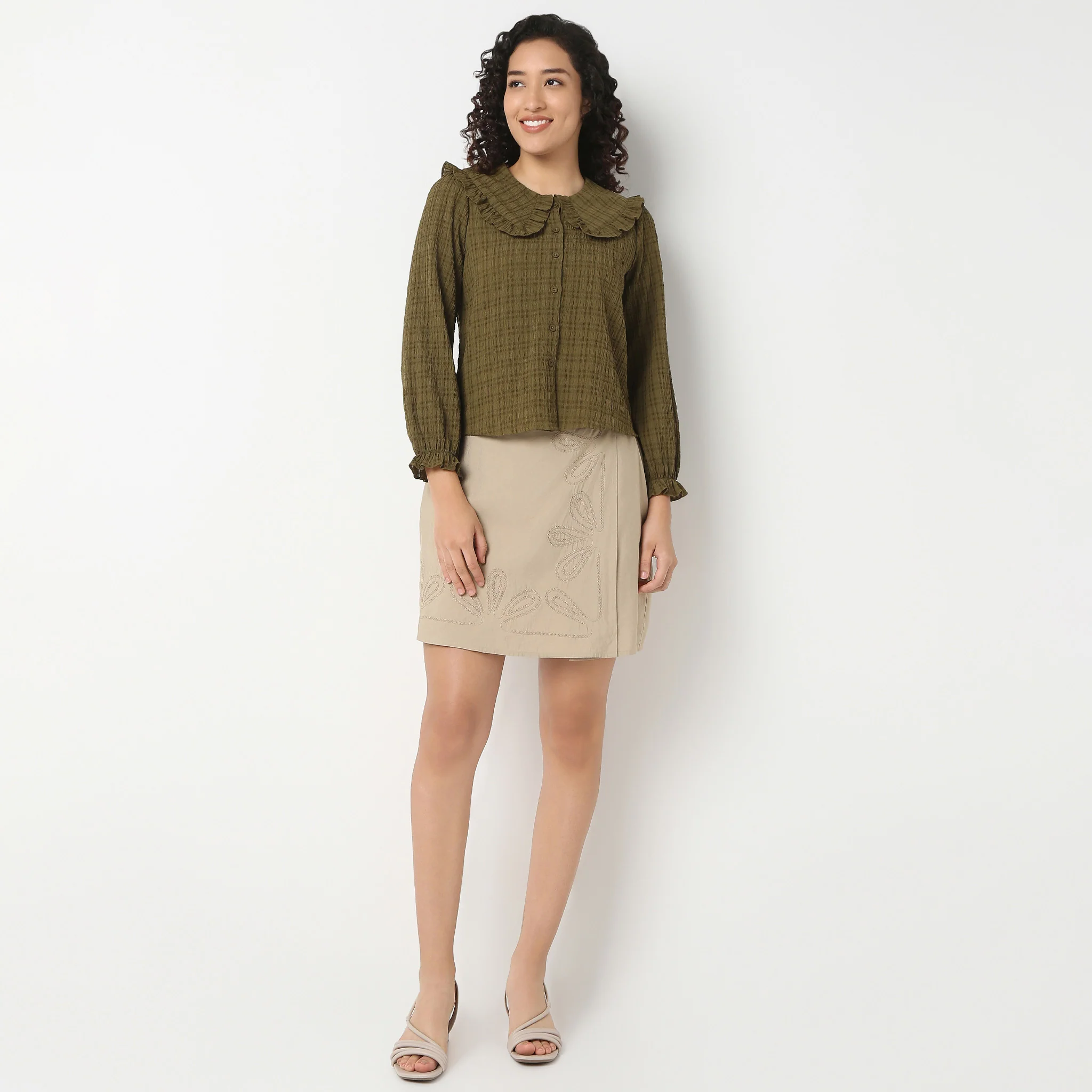 Full Front Button Placket Peter Pan Collar With Ruffle Trim Shirt - Image 12