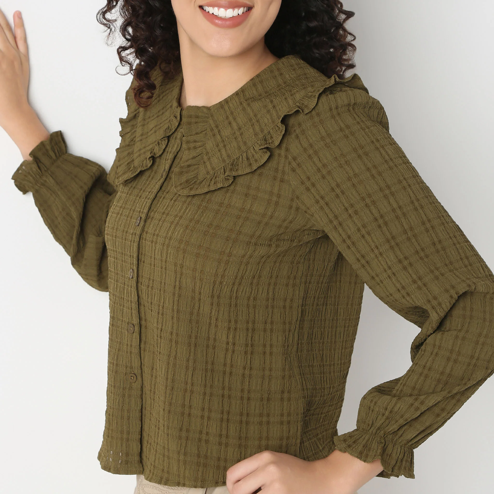 Full Front Button Placket Peter Pan Collar With Ruffle Trim Shirt - Image 14