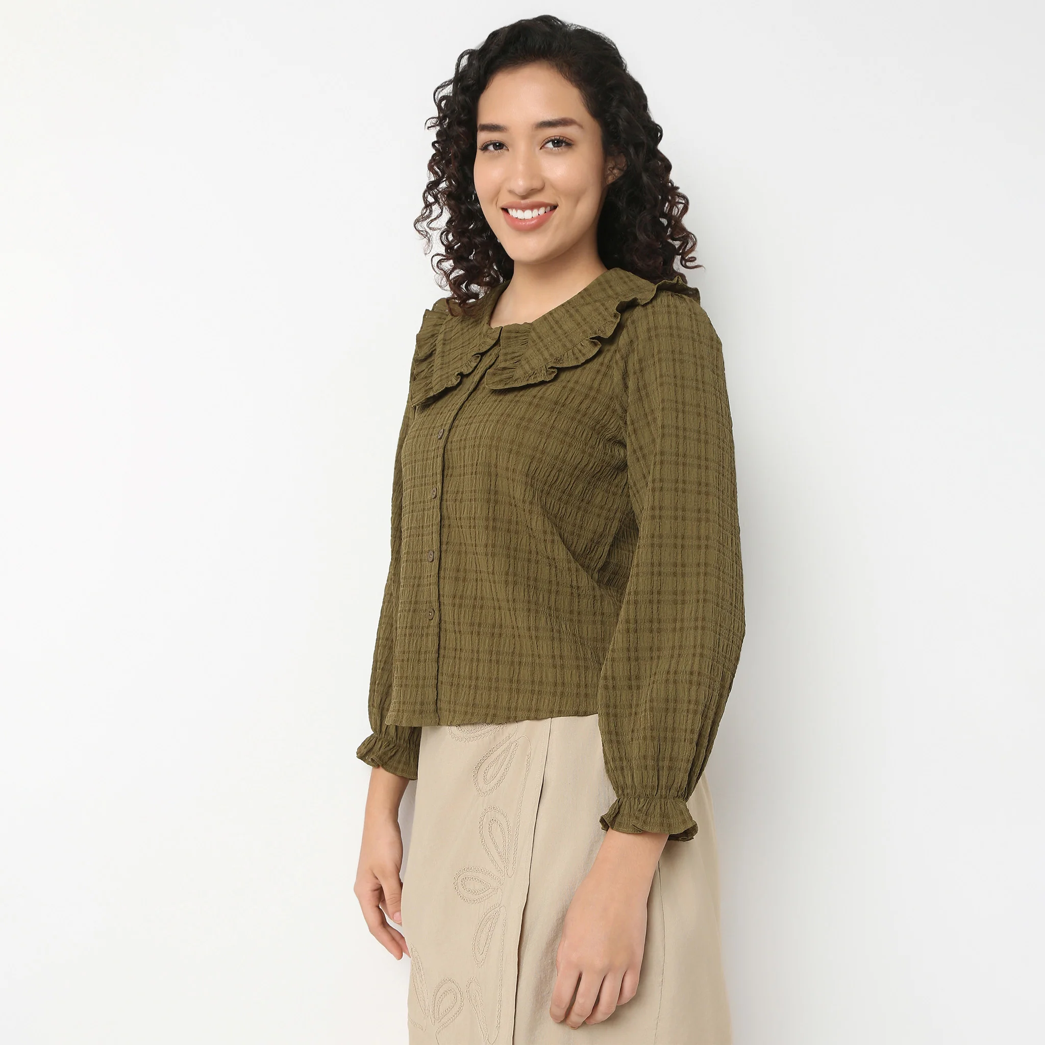 Full Front Button Placket Peter Pan Collar With Ruffle Trim Shirt - Image 15