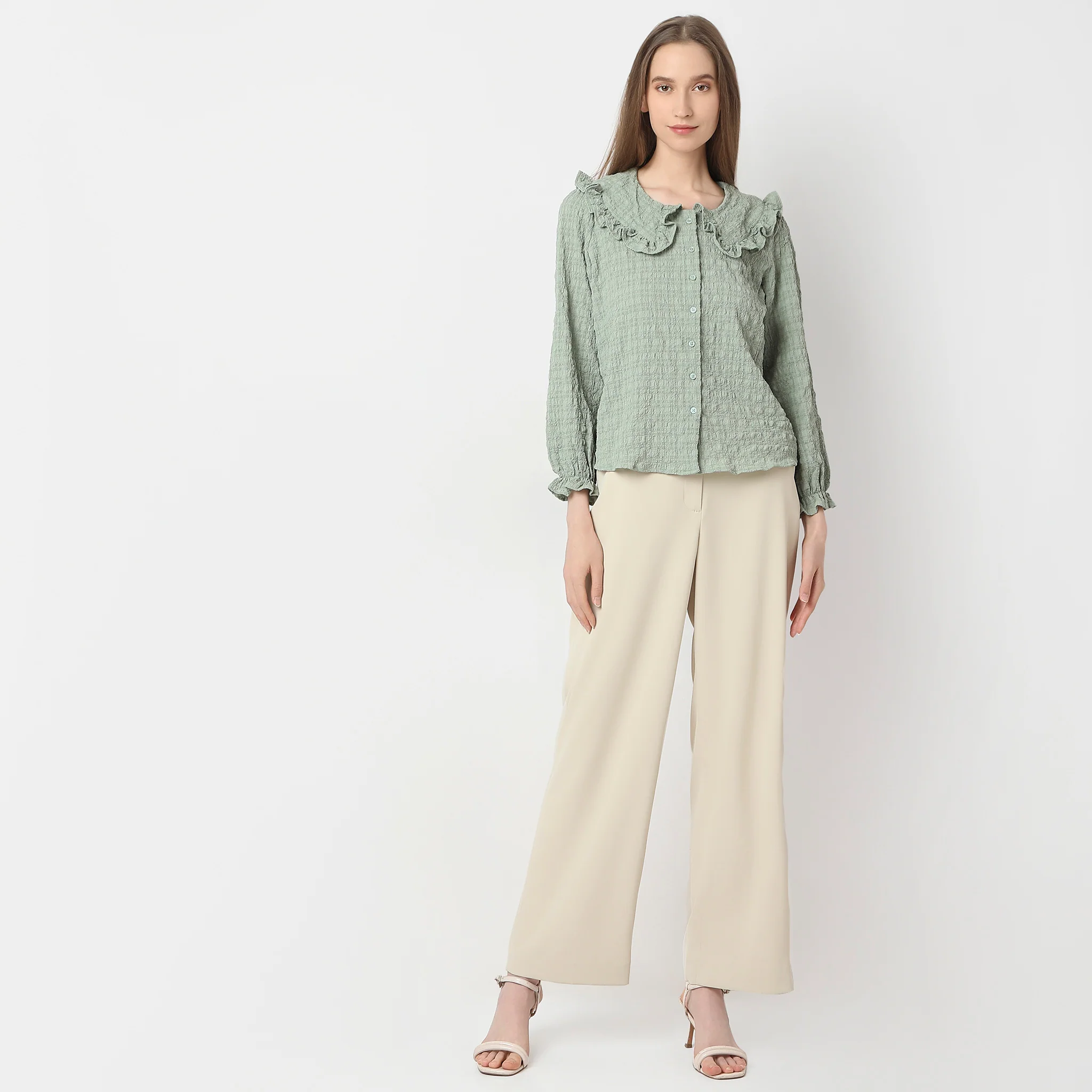 Full Front Button Placket Peter Pan Collar With Ruffle Trim Shirt - Image 2