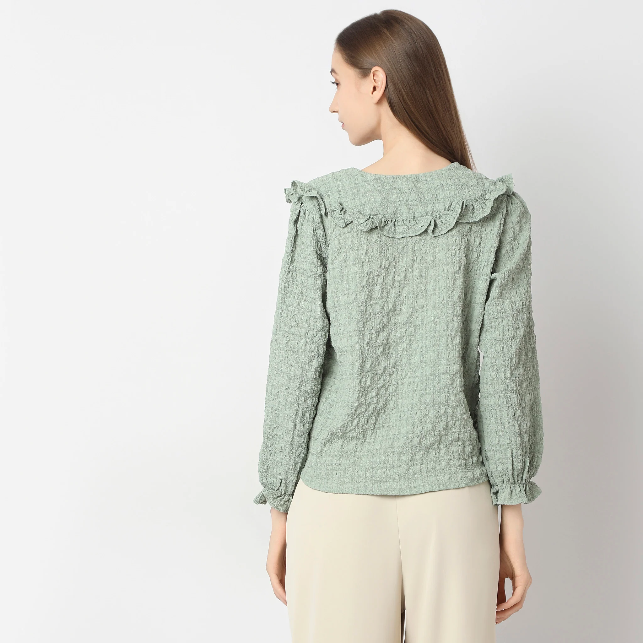 Full Front Button Placket Peter Pan Collar With Ruffle Trim Shirt - Image 3