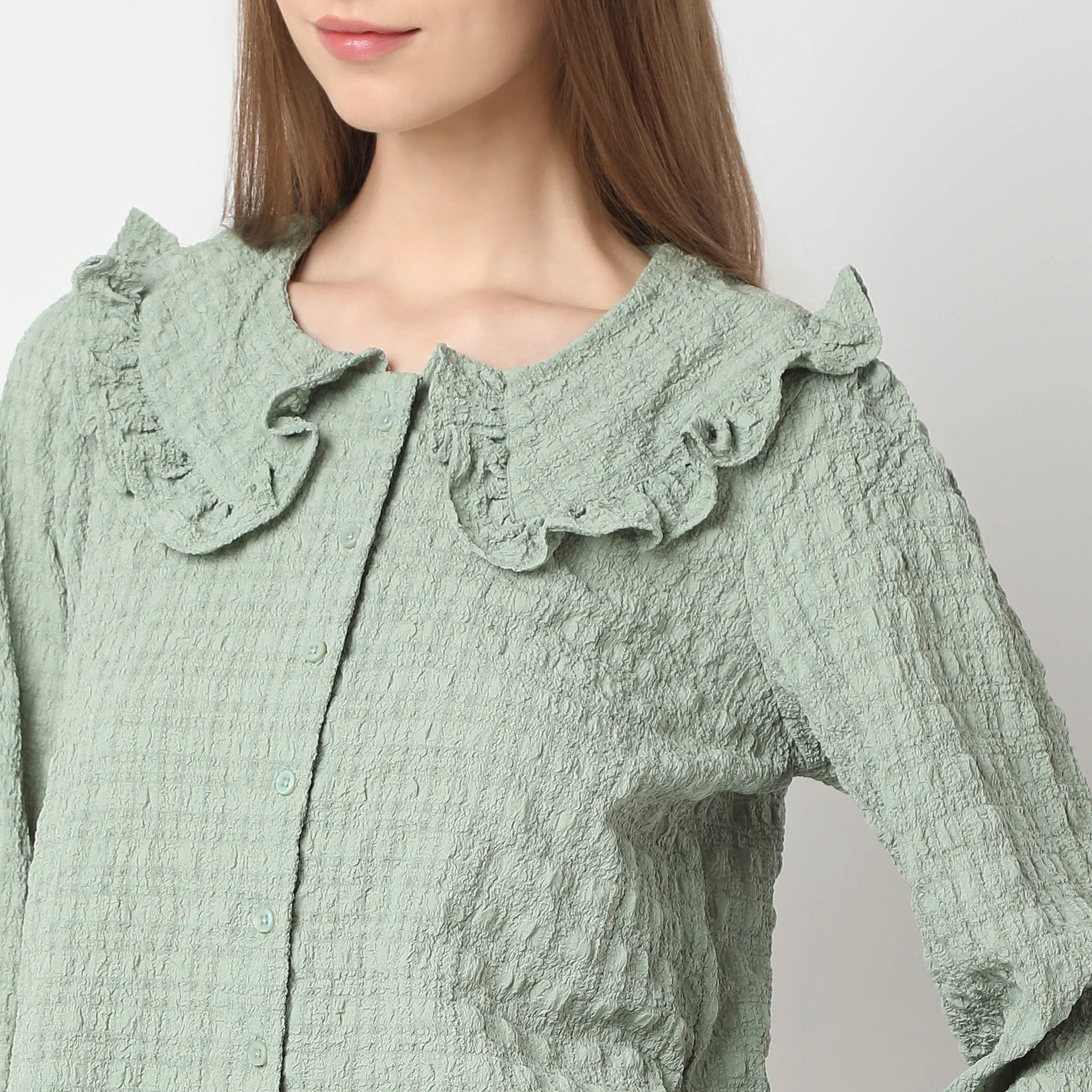 Full Front Button Placket Peter Pan Collar With Ruffle Trim Shirt - Image 4