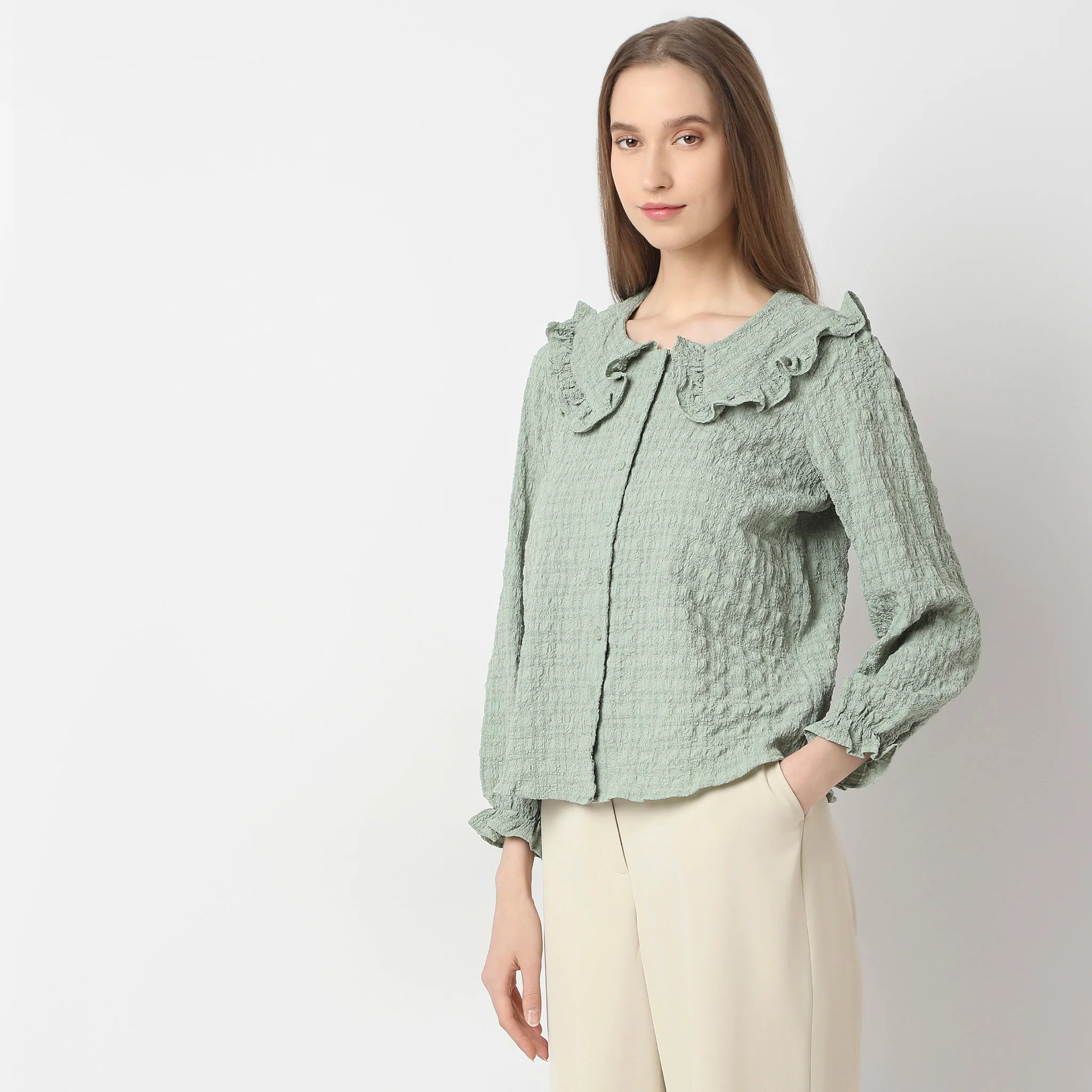 Full Front Button Placket Peter Pan Collar With Ruffle Trim Shirt - Image 5