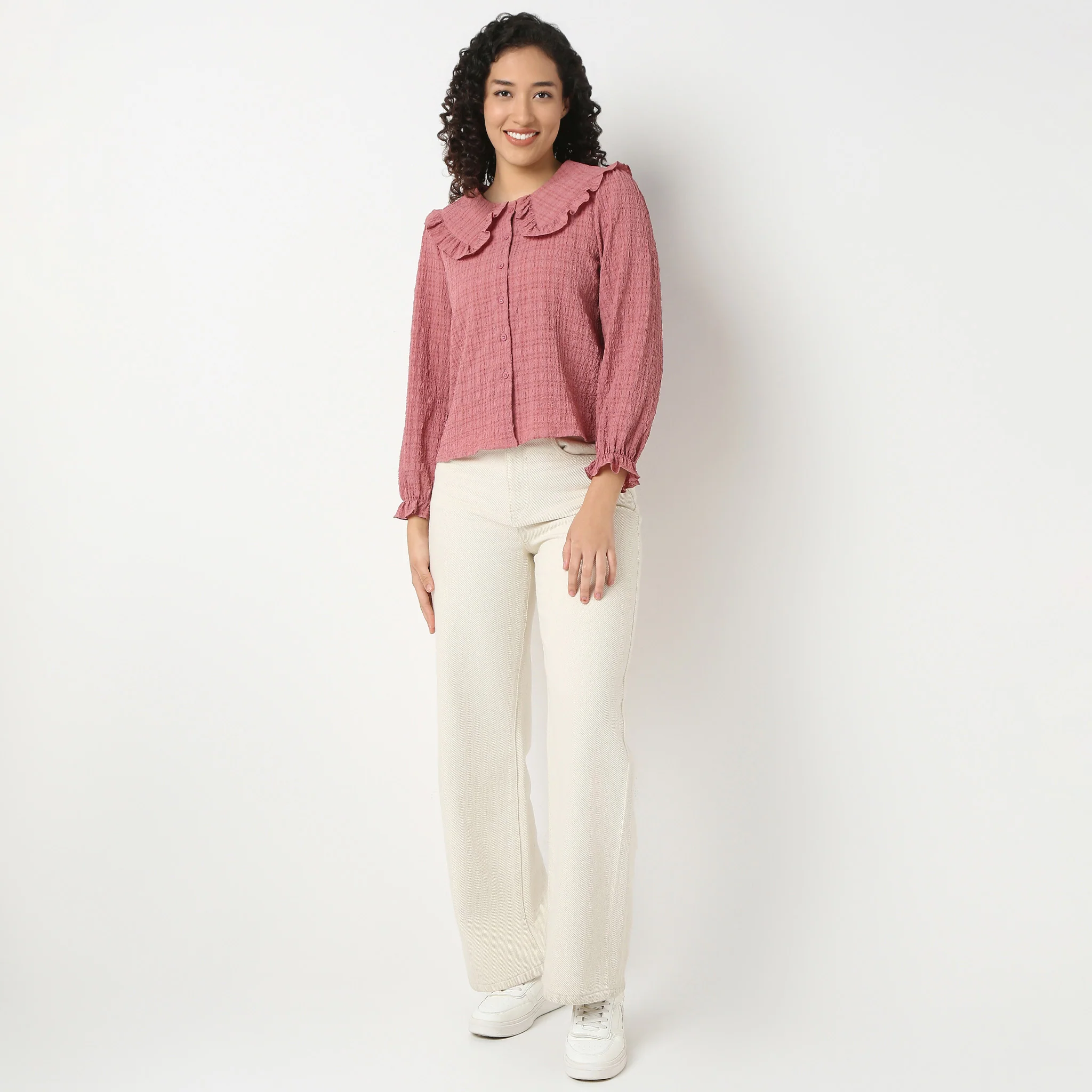 Full Front Button Placket Peter Pan Collar With Ruffle Trim Shirt - Image 6