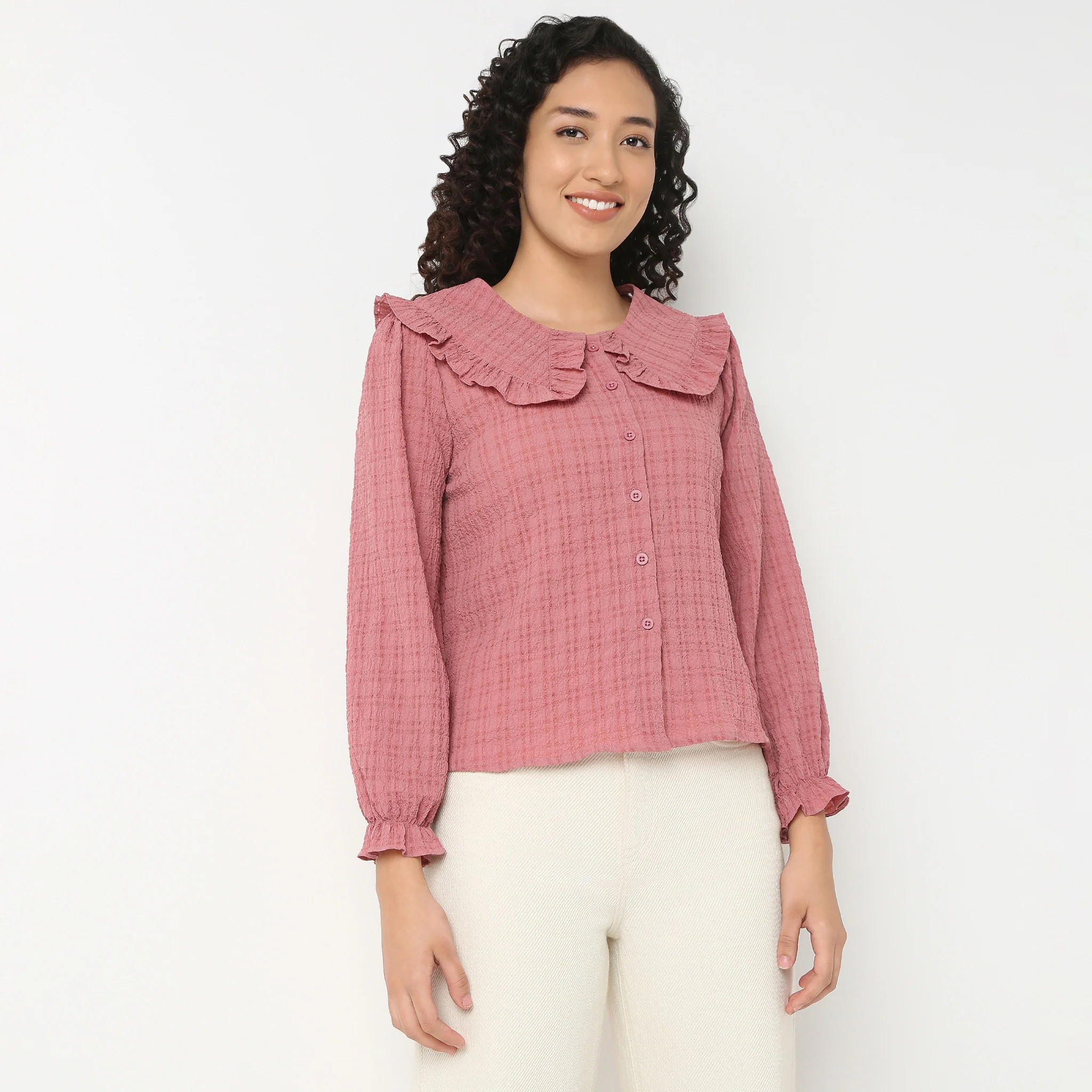 Full Front Button Placket Peter Pan Collar With Ruffle Trim Shirt - Image 7