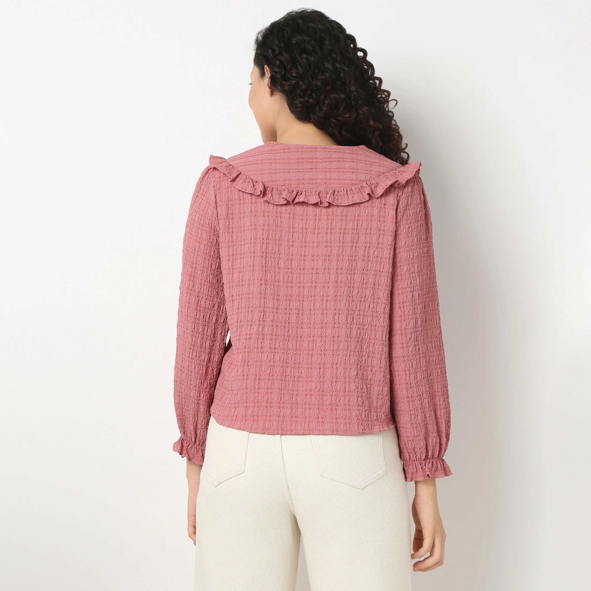 Full Front Button Placket Peter Pan Collar With Ruffle Trim Shirt - Image 8