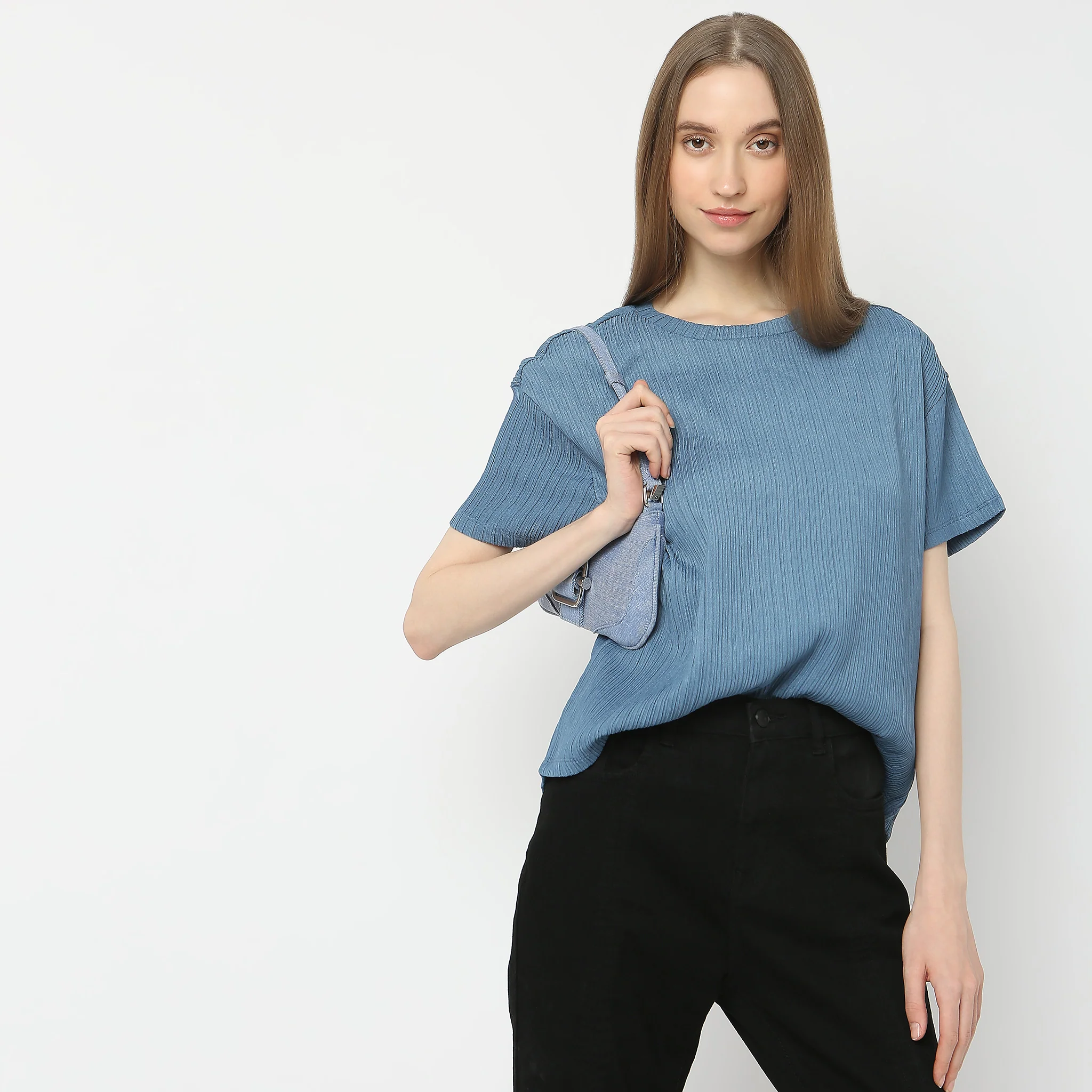 Round Neck Short Sleeves Strip Structured Shirt - Image 2