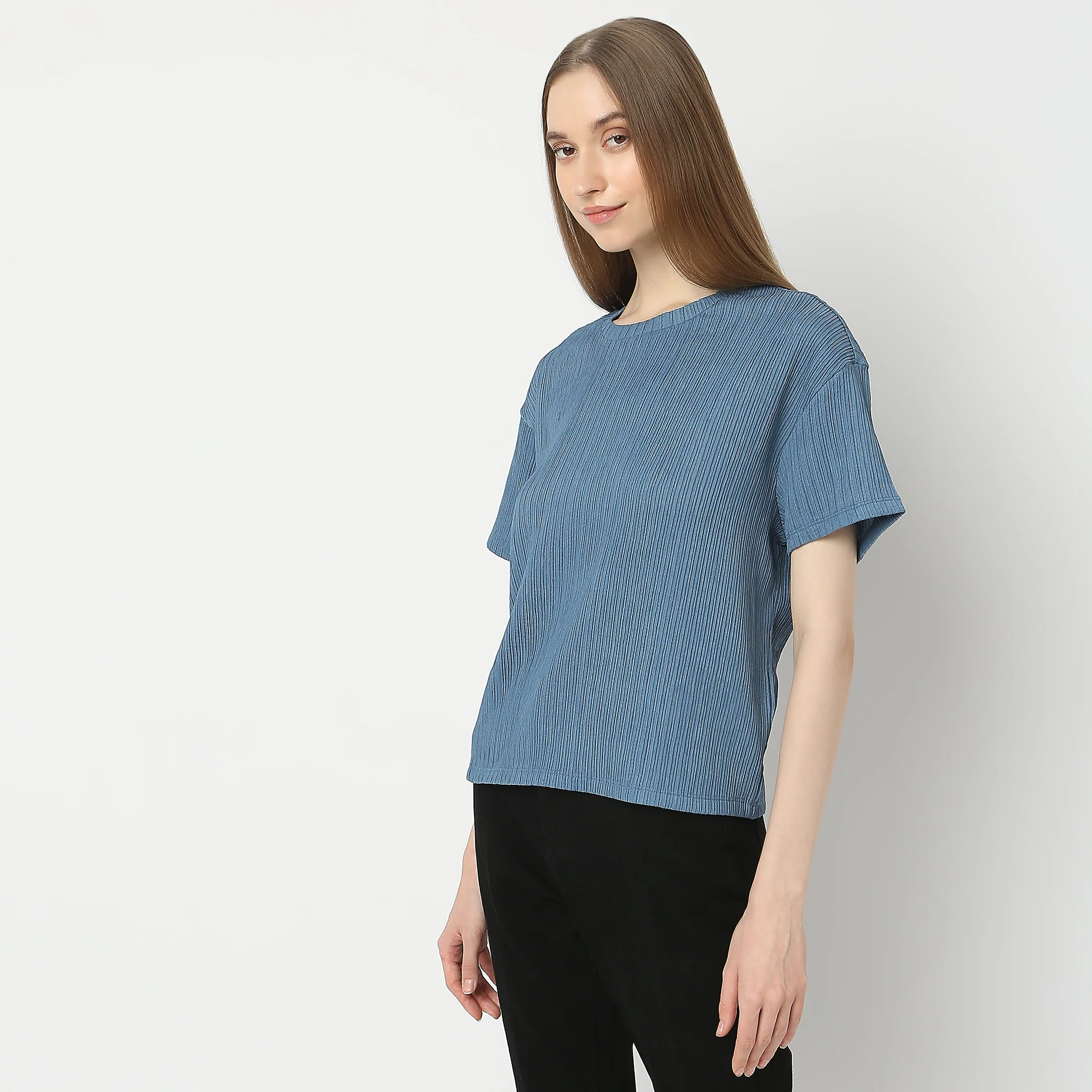 Round Neck Short Sleeves Strip Structured Shirt - Image 4
