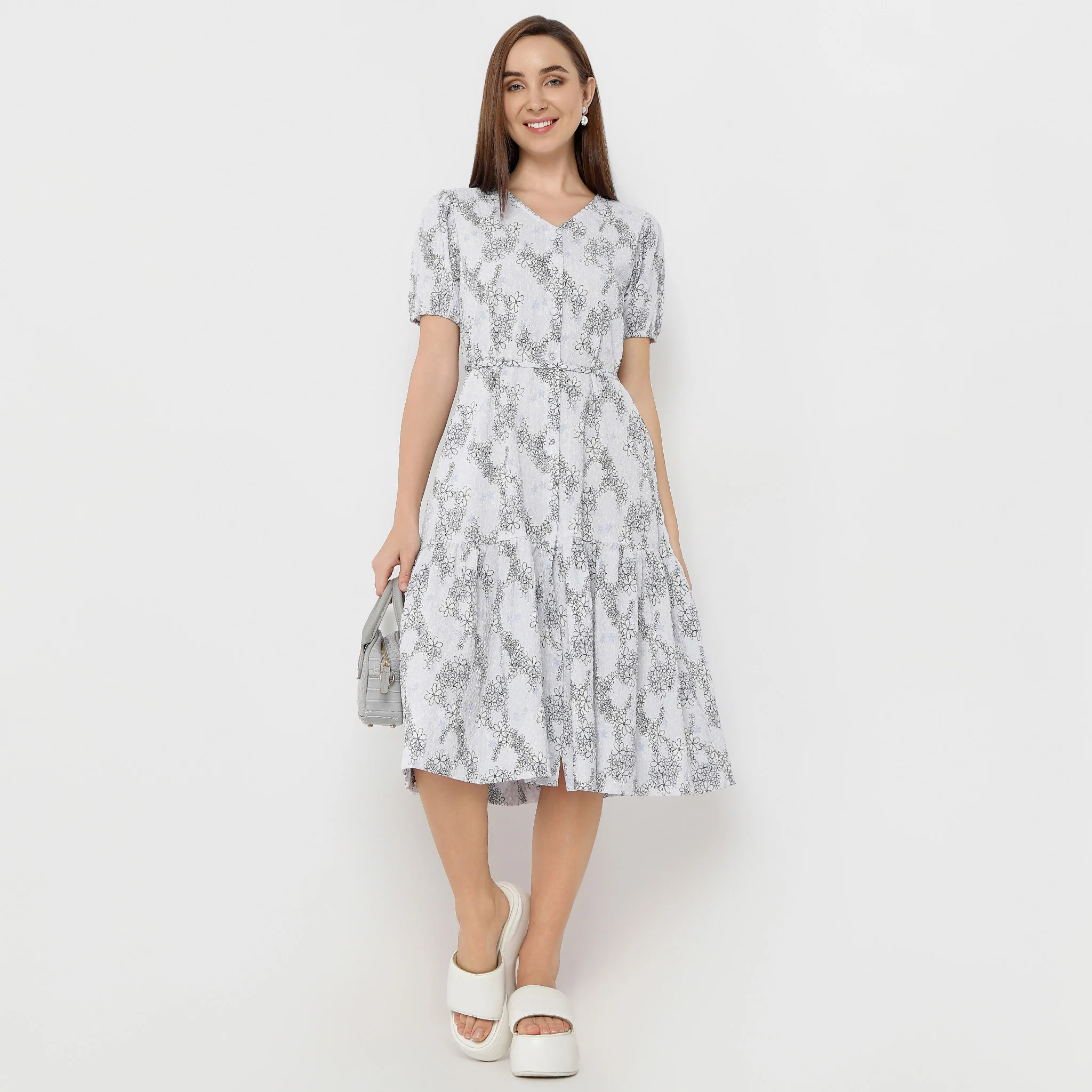 V-Neck Below Knee Short Sleeve Marigold Printed Dress