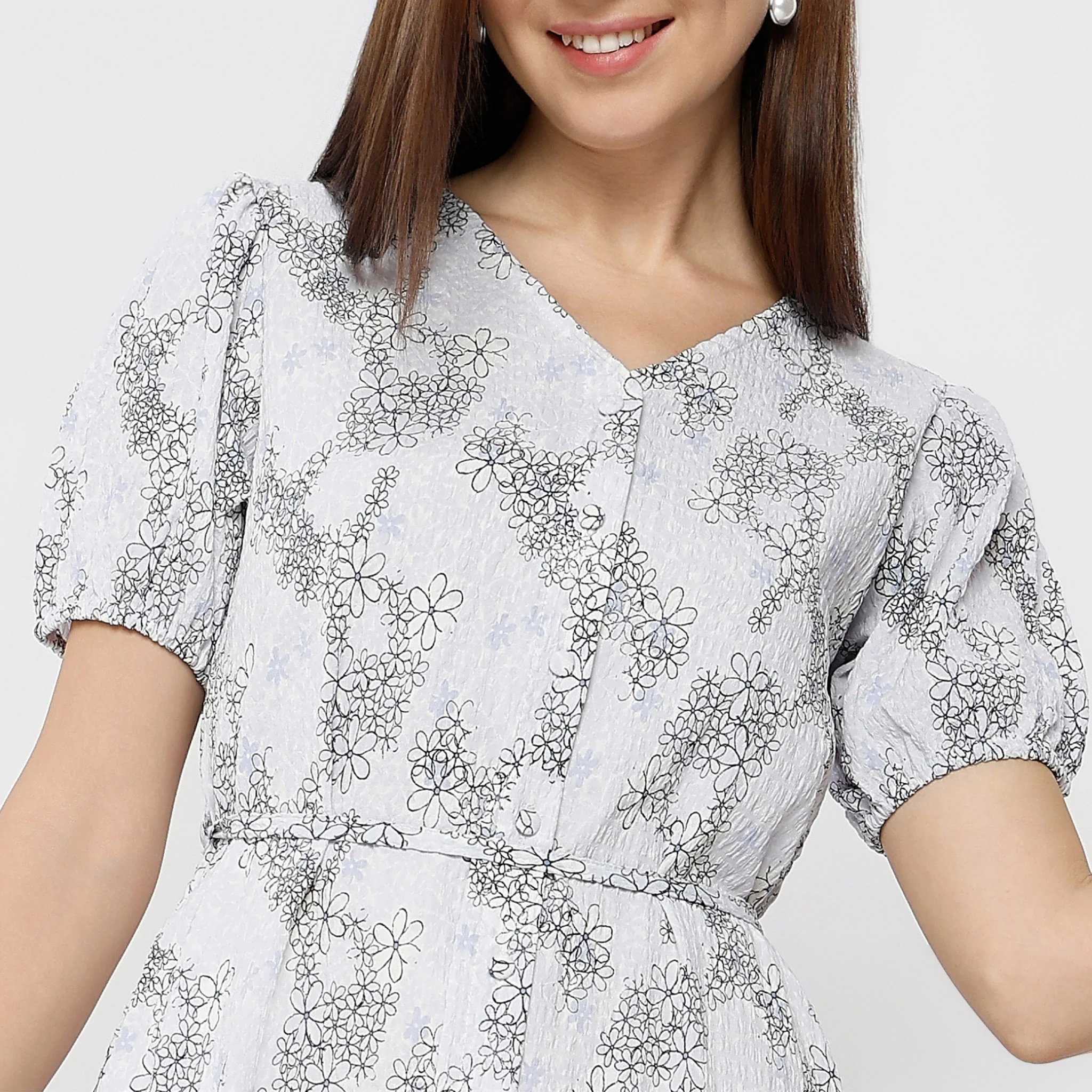 V-Neck Below Knee Short Sleeve Marigold Printed Dress - Image 4
