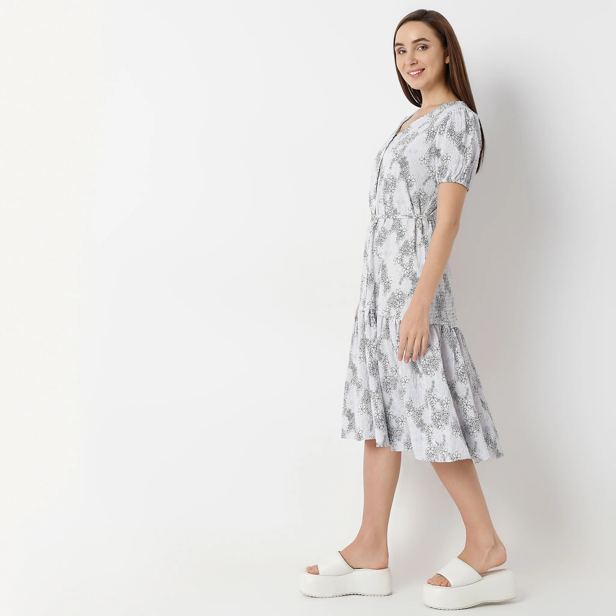V-Neck Below Knee Short Sleeve Marigold Printed Dress - Image 5