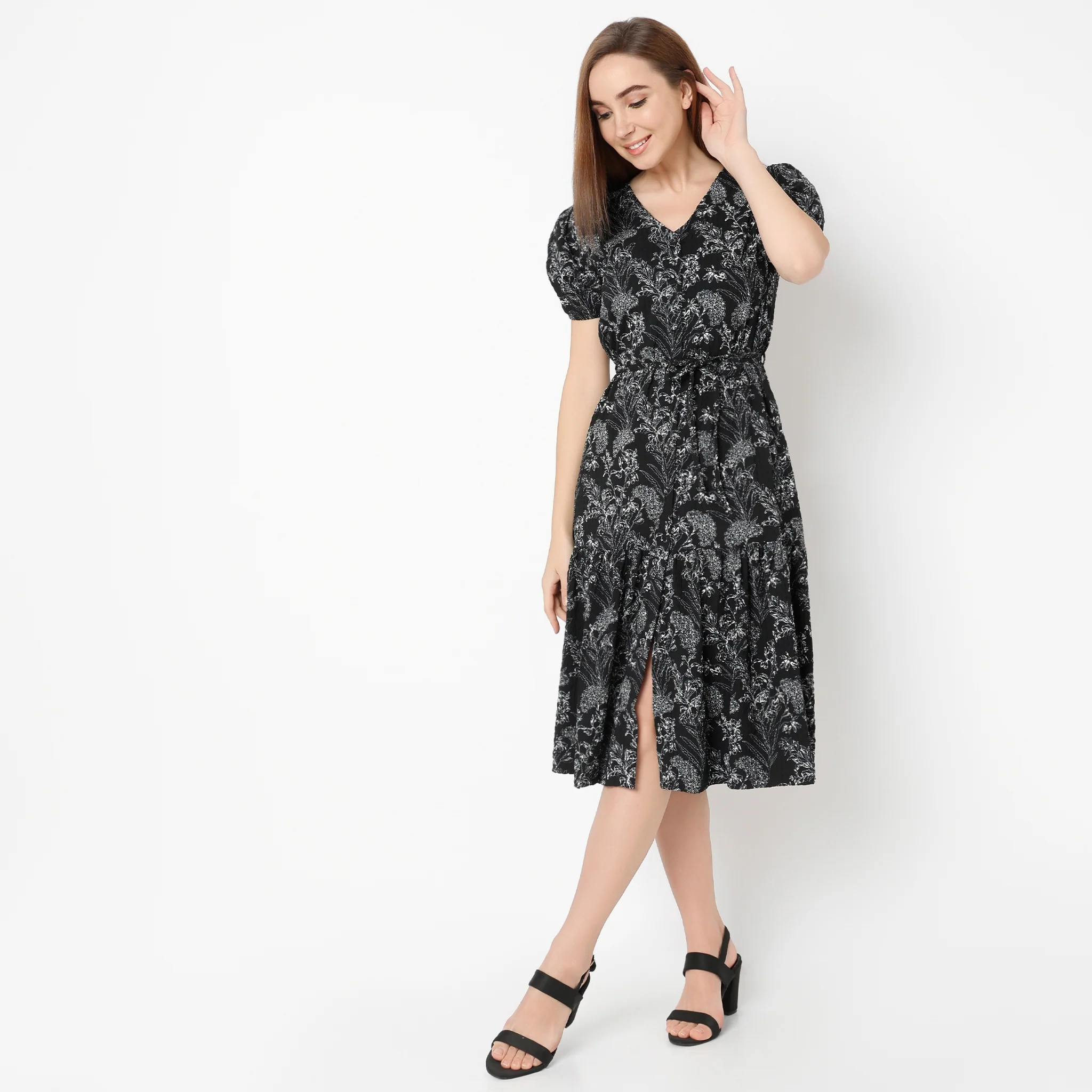 V-Neck Below Knee Short Sleeve Marigold Printed Dress - Image 7