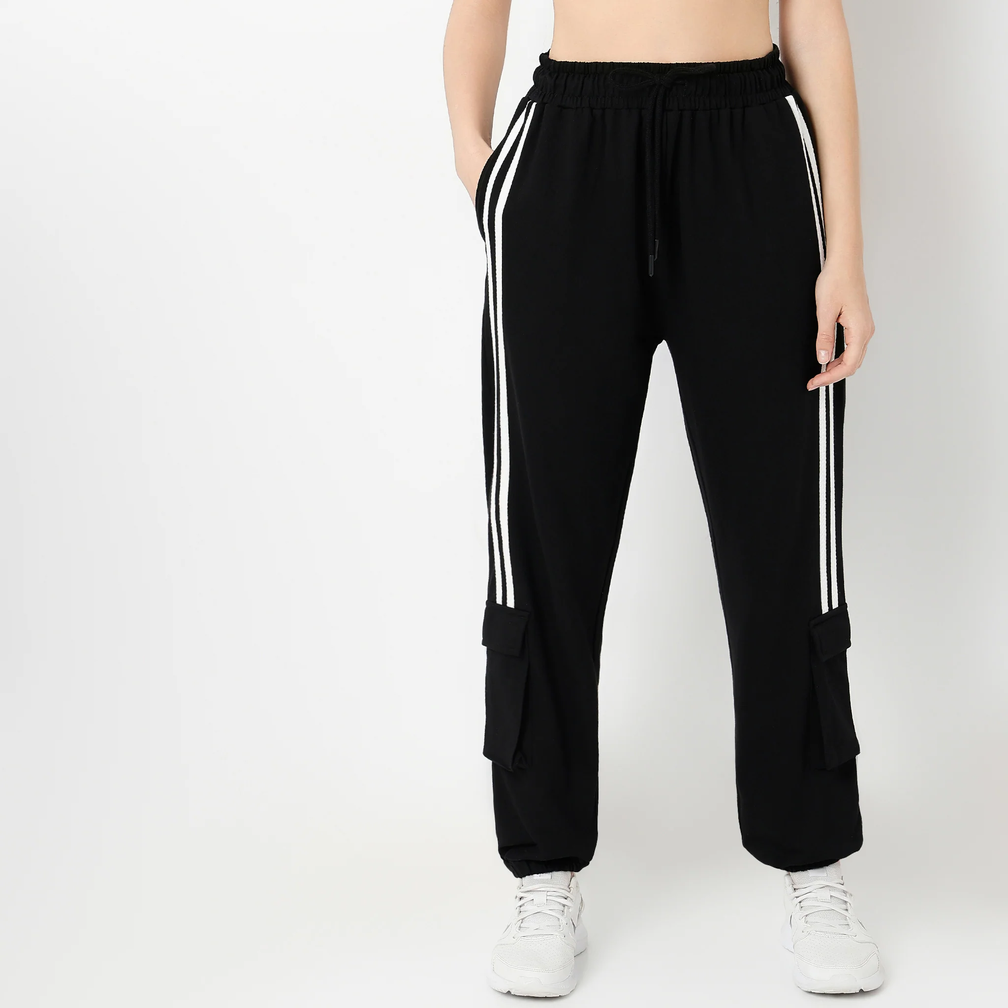 Relaxed Fit Ankle Length High Rise With Patch Pockets And Stripe Detail Joggers - Image 2